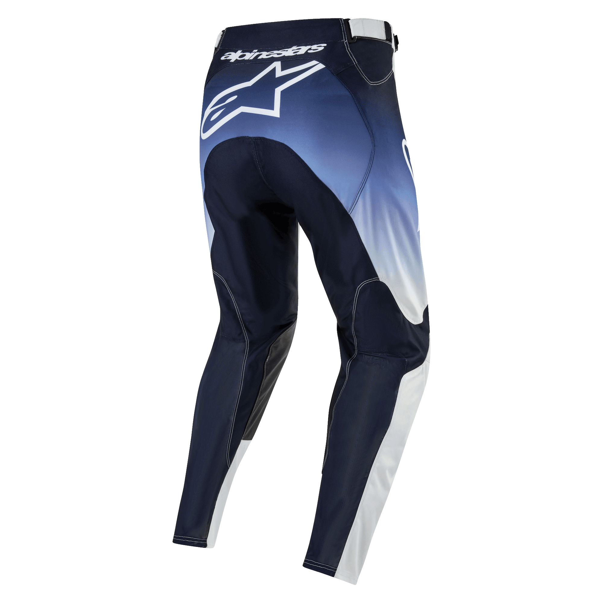 Alpinestars 2024 Racer Hoen Pants, pantalones de motocross para hombre, color azul marino oscuro, azul claro y blanco, logo Alpinestars en la parte posterior, diseño ergonómico y material técnico para alto rendimiento.