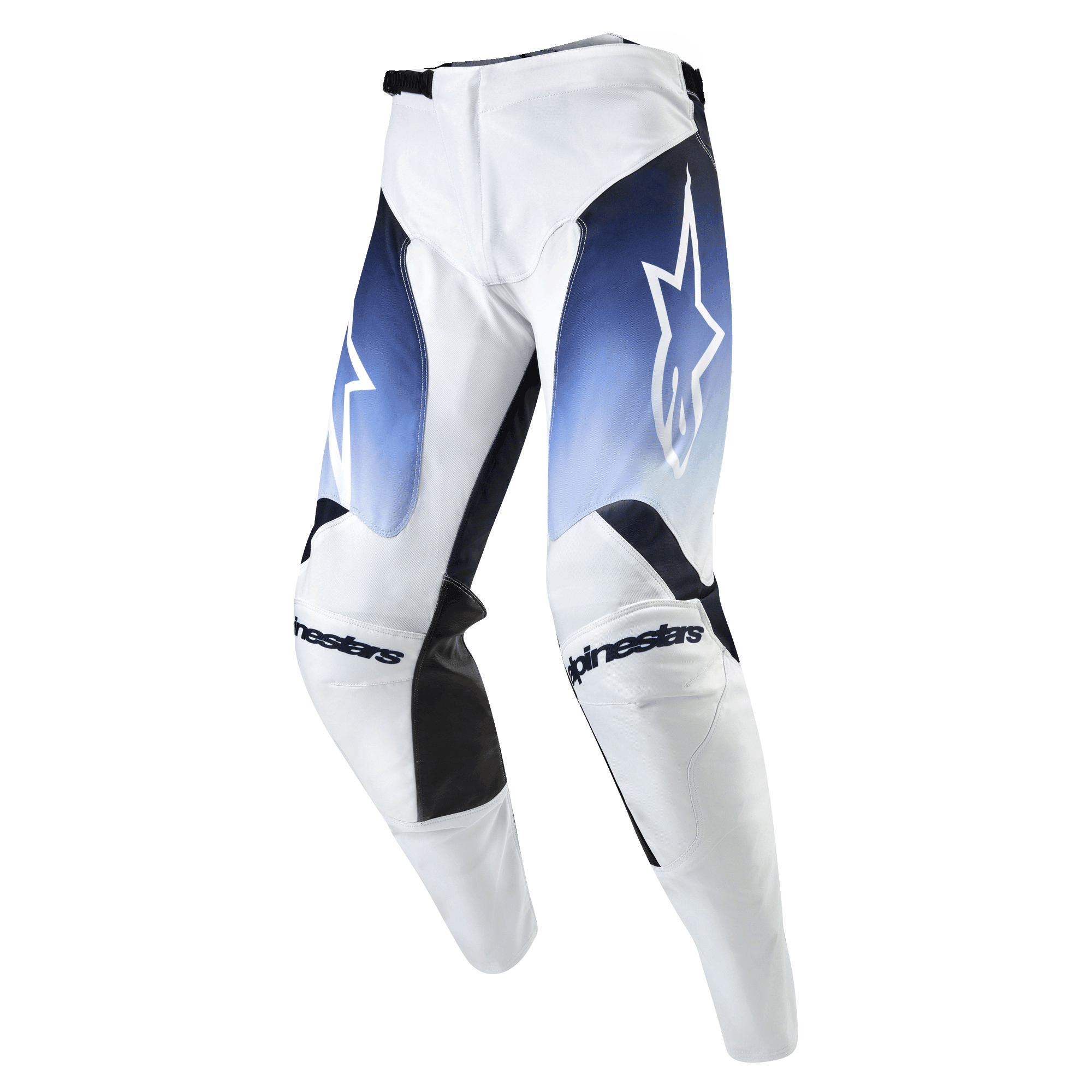 Alpinestars 2024 Racer Hoen Pants, pantalones de motocross, blancos con paneles en degradado azul claro y azul marino, detalles negros, diseño ergonómico con pierna precurvada y logotipos de la marca, material ligero y duradero para conducción fuera de carretera
