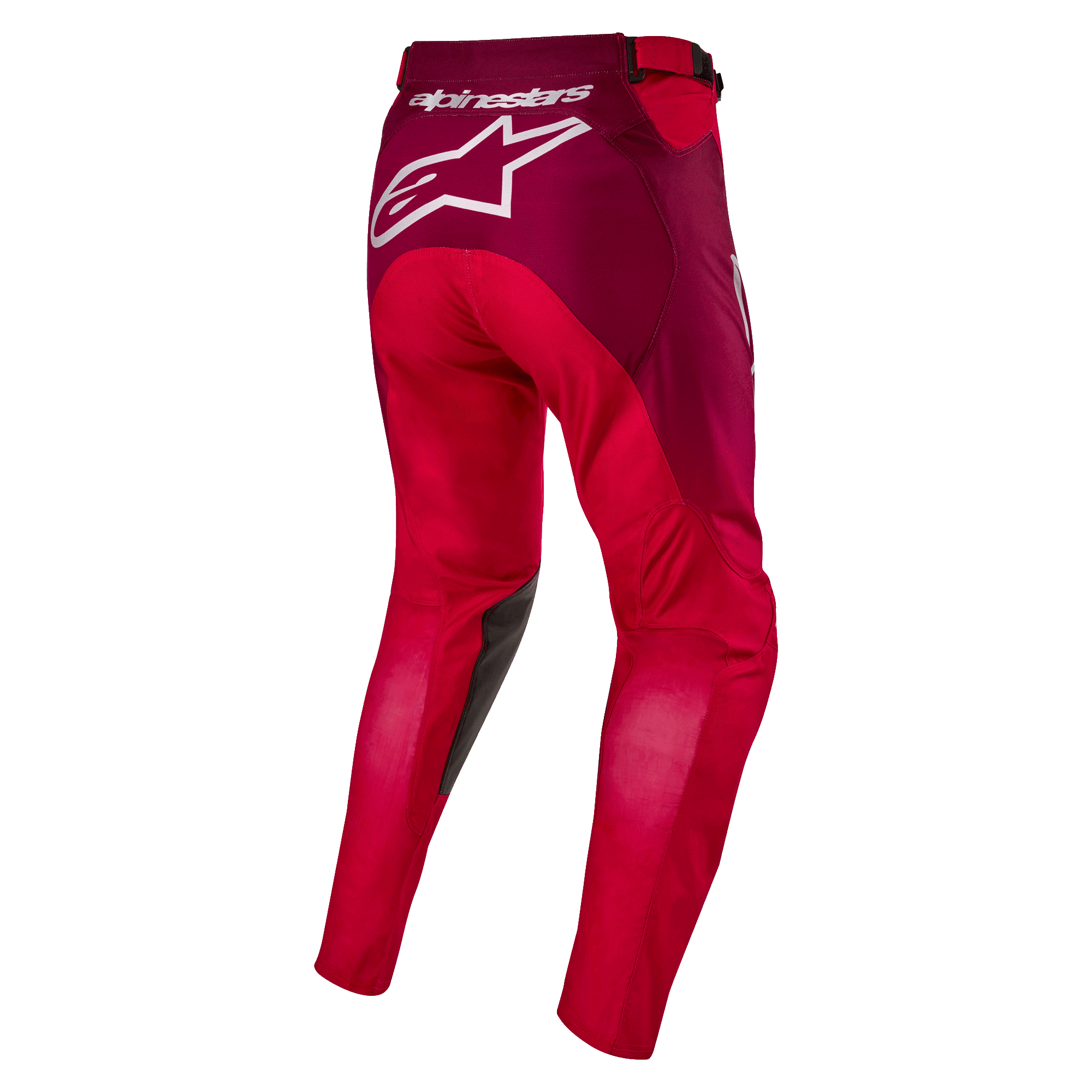 Pantalones Alpinestars Racer Hoen 2024, pantalones de motocross, rojo Mars y burdeos, vista trasera que muestra un gran logotipo blanco de Alpinestars en el asiento, construcción ergonómica de pierna precurvada y material textil duradero para competición off-road