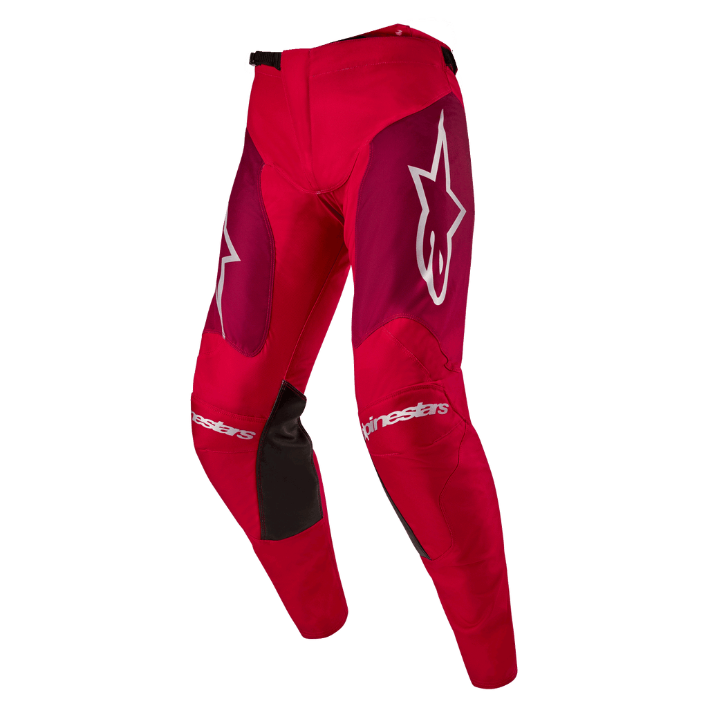 Alpinestars Pantalones Racer Hoen 2024, pantalones de motocross, color Rojo Mars Borgoña, con paneles granates en los muslos y logotipos blancos de Alpinestars en las rodillas y las caderas, paneles de agarre negros en el interior de las rodillas, diseño deportivo precurvado para rendimiento todoterreno