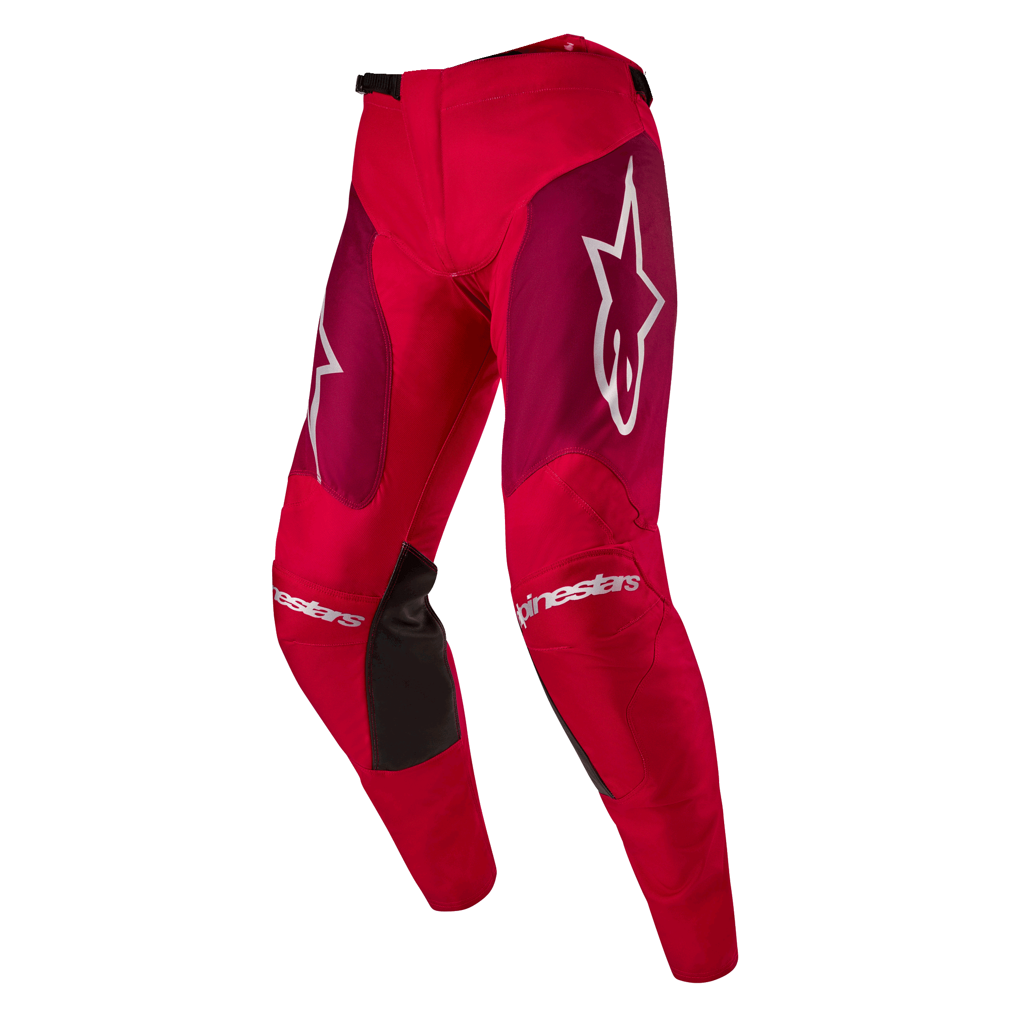 Alpinestars Pantalones Racer Hoen 2024, pantalones de motocross, color Rojo Mars Borgoña, con paneles granates en los muslos y logotipos blancos de Alpinestars en las rodillas y las caderas, paneles de agarre negros en el interior de las rodillas, diseño deportivo precurvado para rendimiento todoterreno