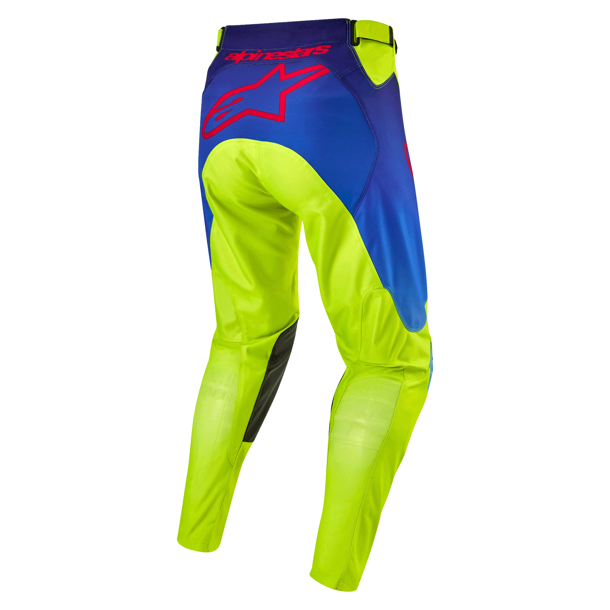 Alpinestars 2024 Racer Hoen Pants, pantalones de motocross, amarillo fluo y azul night navy, vista trasera con el gran logotipo de estrella de Alpinestars en rojo, rodilleras internas de cuero oscuro, tejido técnico duradero para conducción off-road