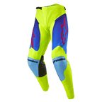 Alpinestars 2024 Racer Hoen Pants, pantalones de motocross, amarillo flúor y azul Night Navy, con logotipos de estrellas rojas en los muslos, paneles de rodilla en azul claro con refuerzos internos de cuero negro, construcción deportiva precurvada para carreras fuera de carretera