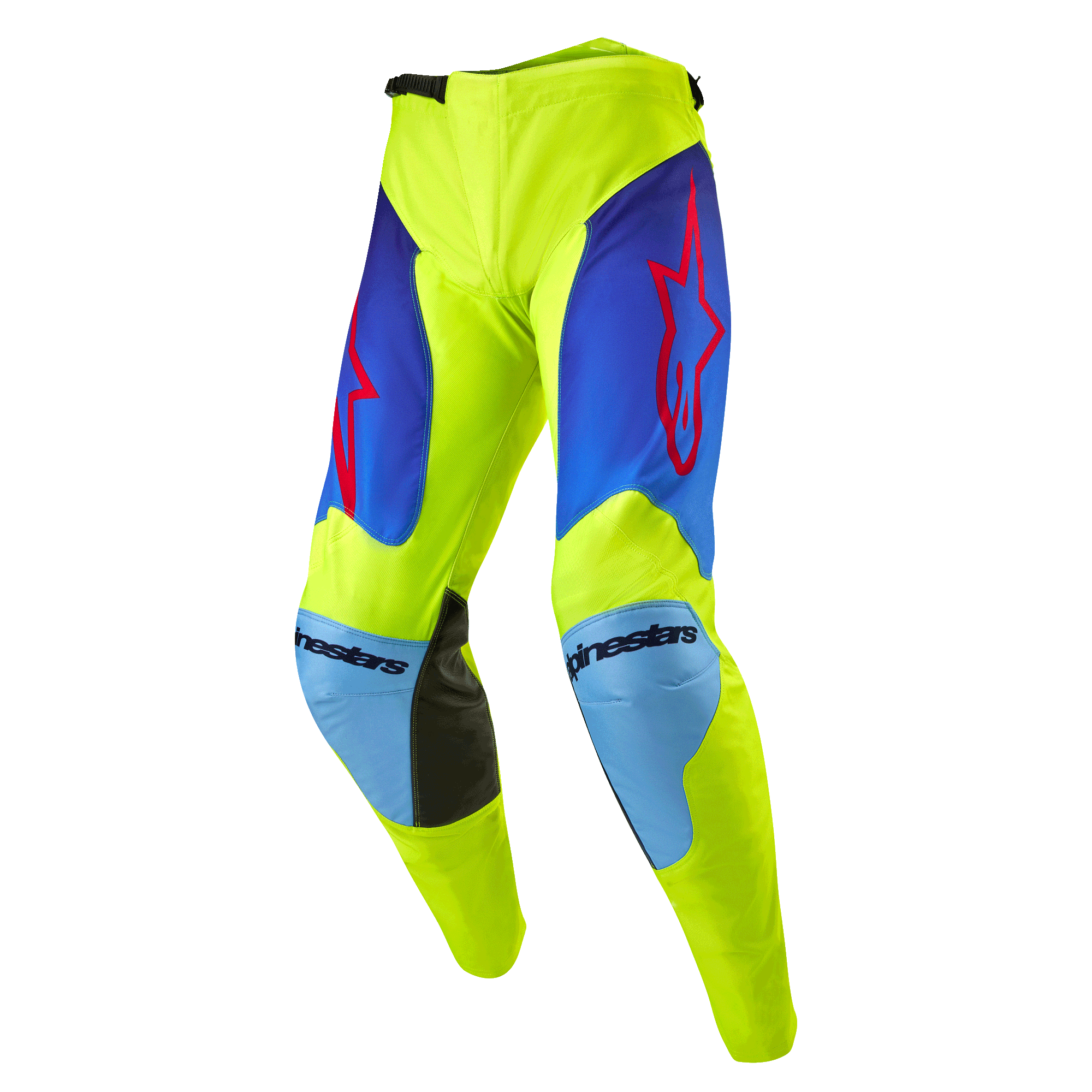 Alpinestars 2024 Racer Hoen Pants, pantalones de motocross, amarillo flúor y azul Night Navy, con logotipos de estrellas rojas en los muslos, paneles de rodilla en azul claro con refuerzos internos de cuero negro, construcción deportiva precurvada para carreras fuera de carretera