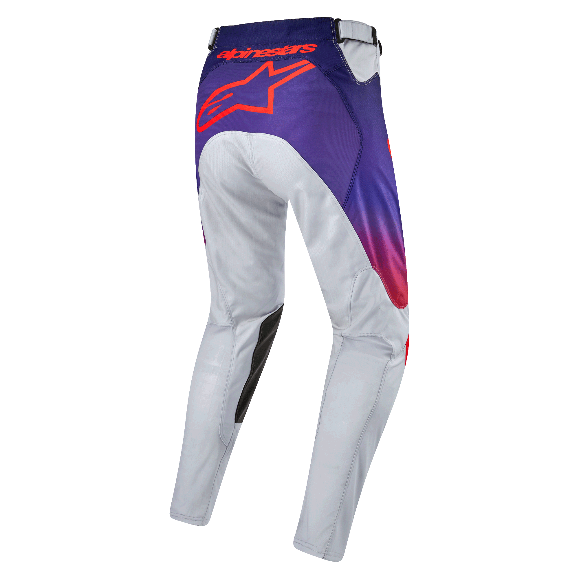 Alpinestars 2024 Racer Hoen Pants, pantalones de motocross para hombre, gris claro con detalles en naranja intenso y negro, vista trasera que destaca el logo en naranja sobre fondo púrpura, diseño ergonómico y material ligero para off-road