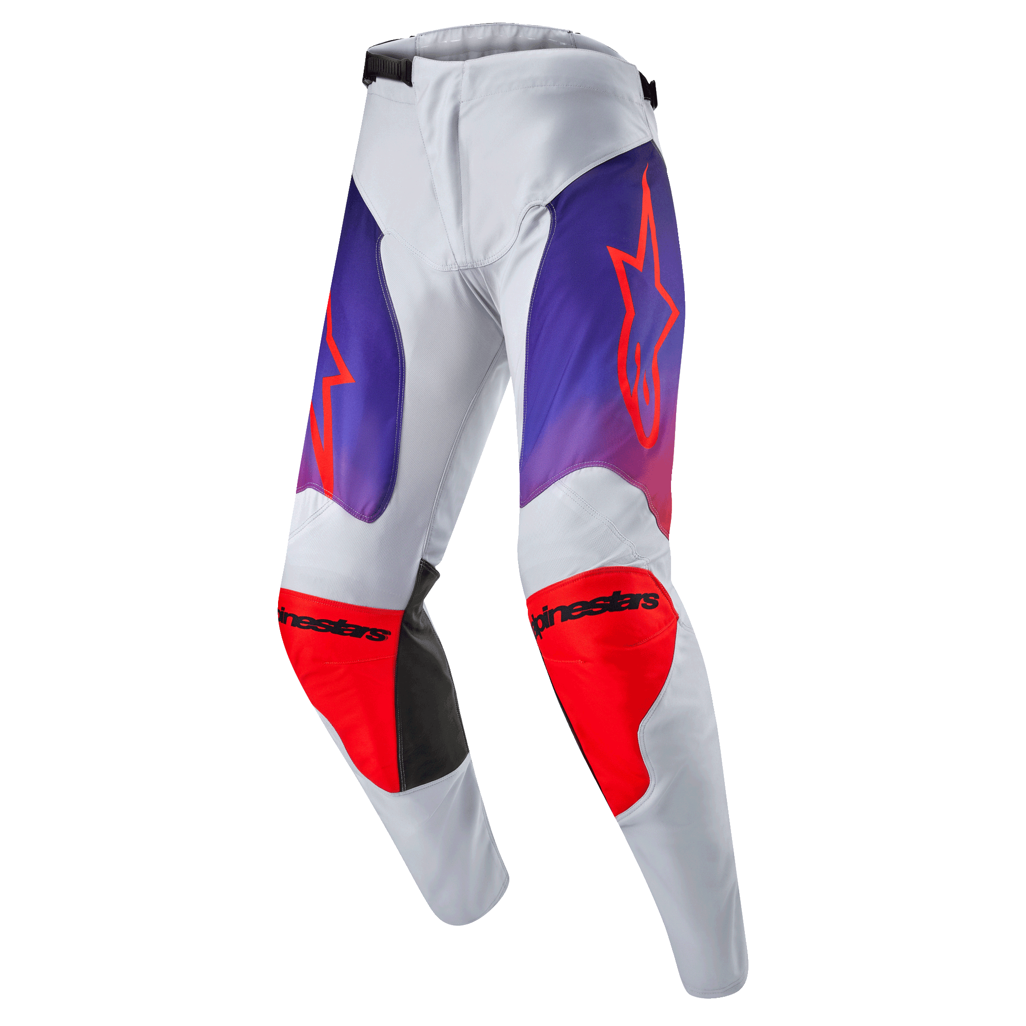 Alpinestars 2024 Racer Hoen Pants, pantalones de motocross para hombre, gris claro con detalles en naranja intenso, degradados en púrpura y acentos negros, diseño con logotipos en muslos y rodillas, material técnico resistente para conducción fuera de carretera