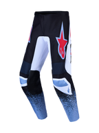Pantalones Fluid Drag de Alpinestars para motocross, negro y azul claro, polifabric resistente y ajuste precurvado.