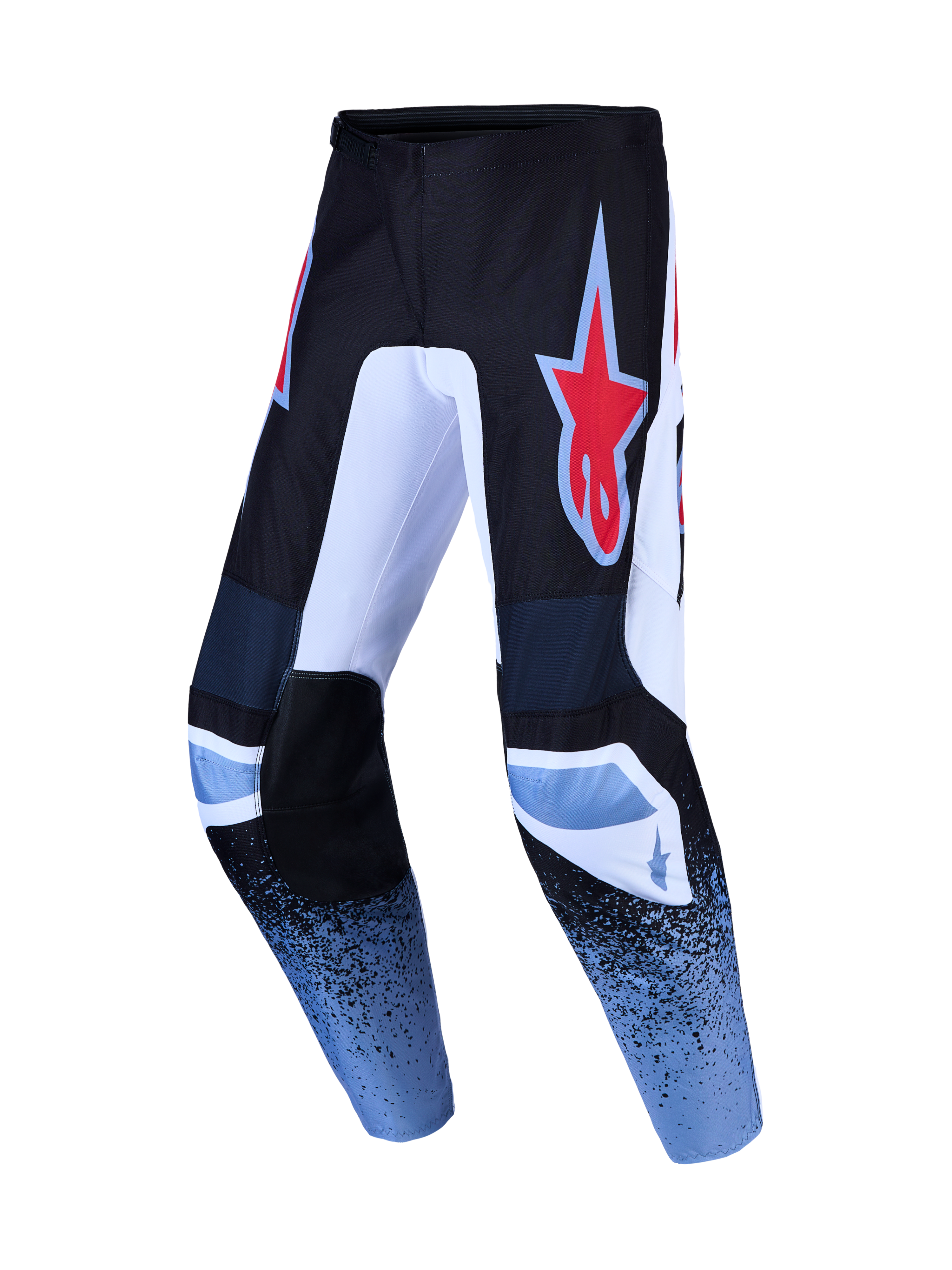 Pantalones Fluid Drag de Alpinestars para motocross, negro y azul claro, polifabric resistente y ajuste precurvado.