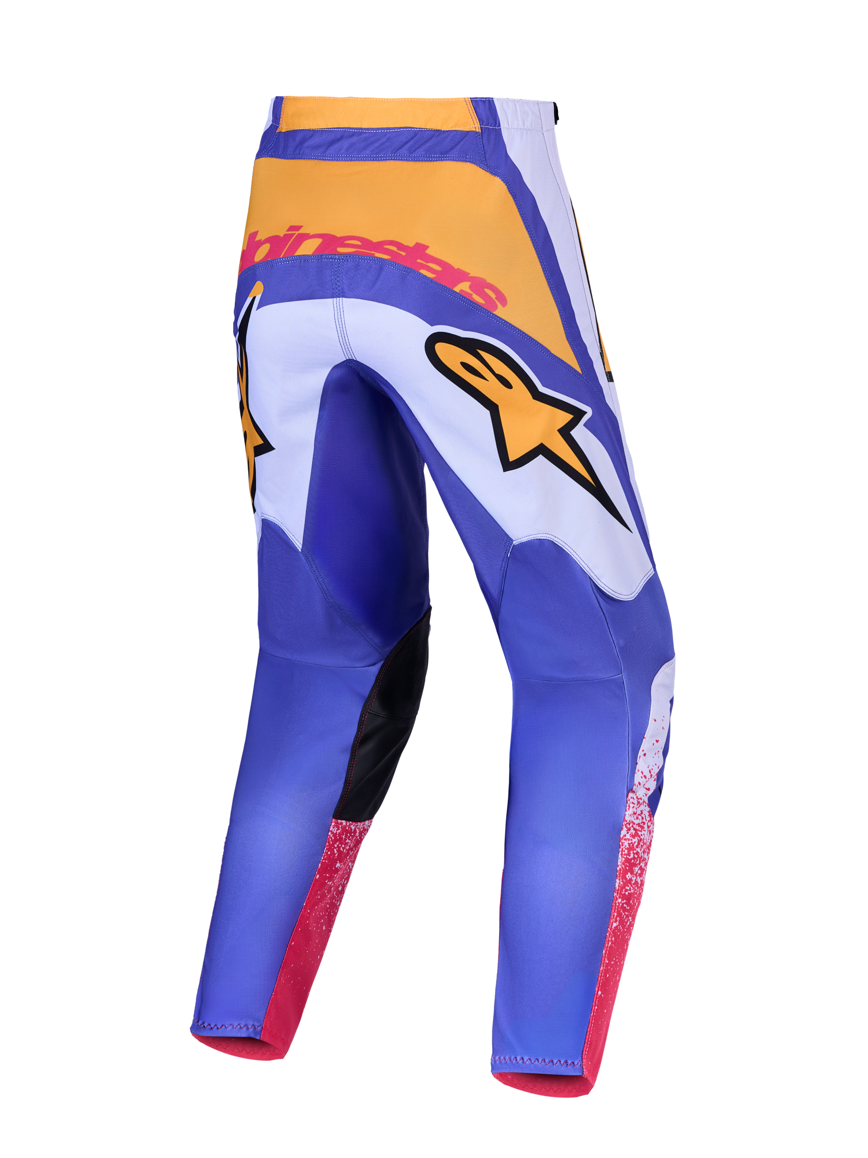 Alpinestars 2027 Fluid Drag Pants, pantalones de motocross para hombre, azules y amarillos, con patrón 3D precurvado.