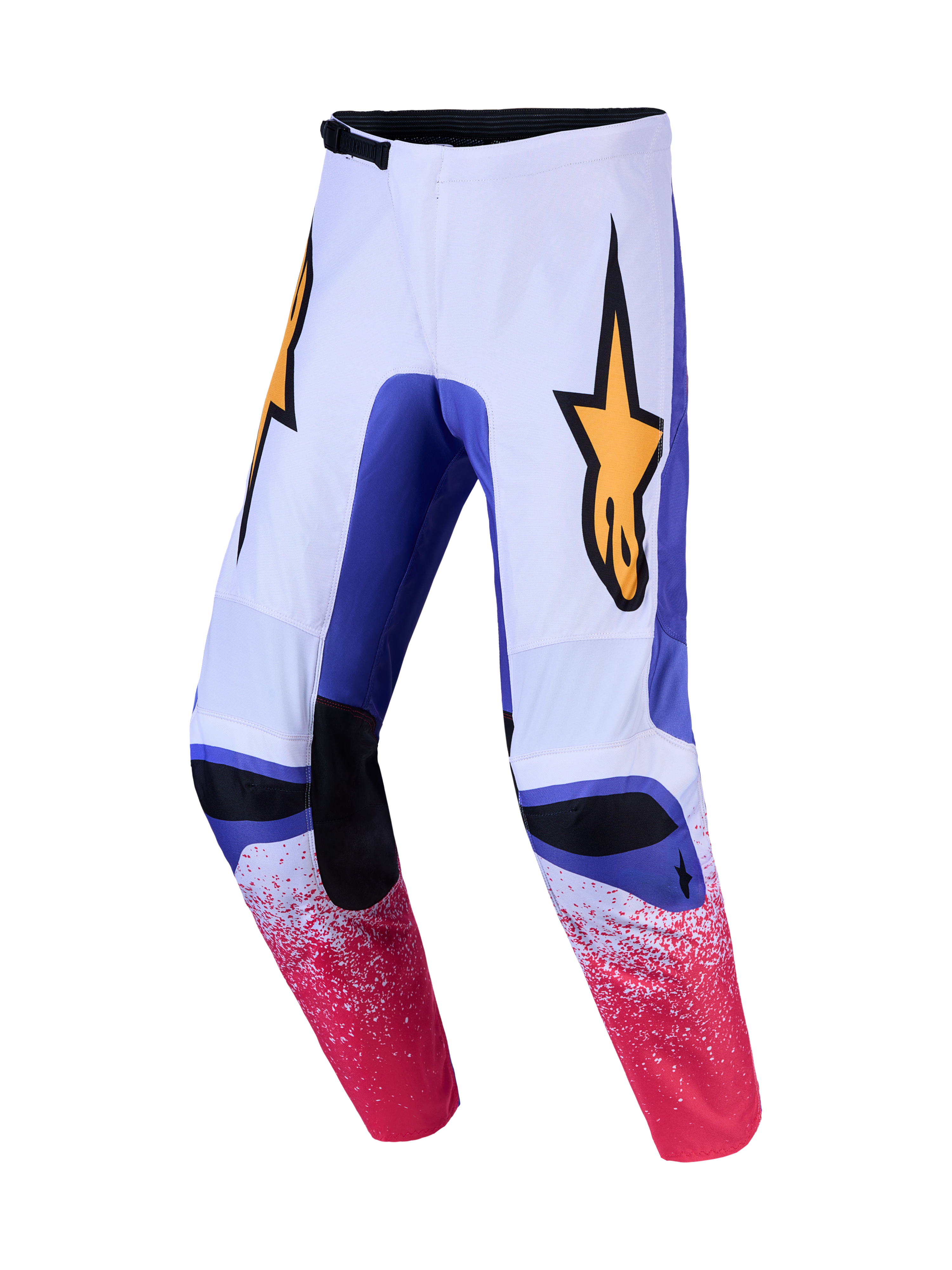 Alpinestars Fluid Drag, pantalones de motocross blancos y azules con gráficos moteados en rosa y logotipo de estrella amarillo