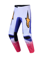 Alpinestars Fluid Drag Pants, men's motocross pants in Light Lilac and Blue Iris with Gold logos and pre-curved construction.