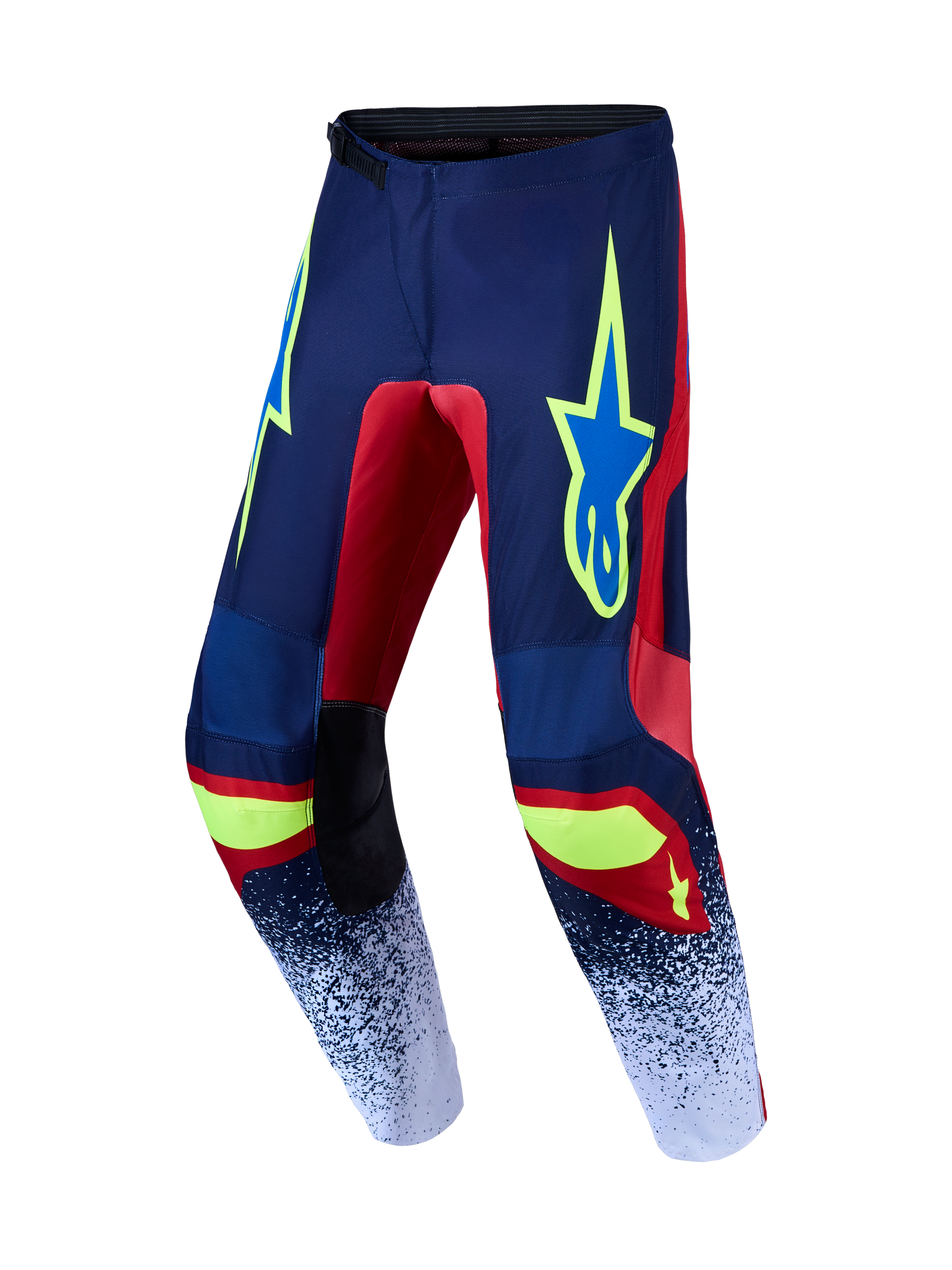 Alpinestars 2027 Fluid Drag Pants, men's navy blue and fire red motocross pants with white graphics and durable polyfabric.
