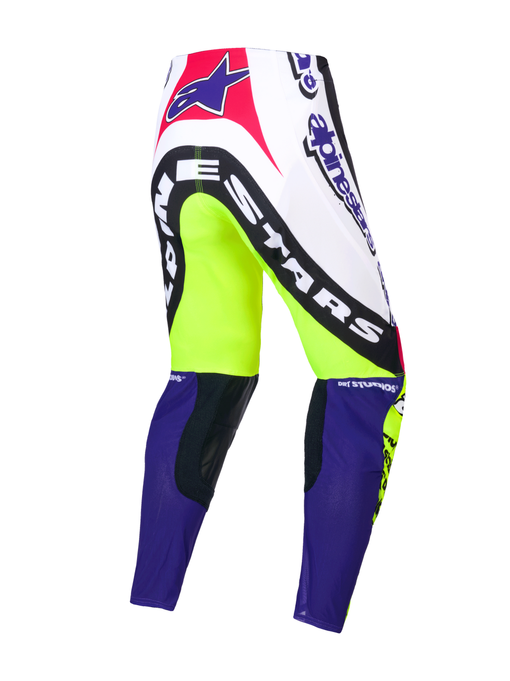 Alpinestars Pantalones Supertech Dirt Studios® Edición Limitada, pantalones de motocross, blancos, morados y amarillo flúor, construcción de una sola capa en tejido rip-stop elástico con paneles de cuero en las rodillas, vista posterior con gráficos de la marca