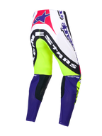 Alpinestars Pantalones Supertech Dirt Studios® Edición Limitada, pantalones de motocross, blancos, morados y amarillo flúor, construcción de una sola capa en tejido rip-stop elástico con paneles de cuero en las rodillas, vista posterior con gráficos de la marca