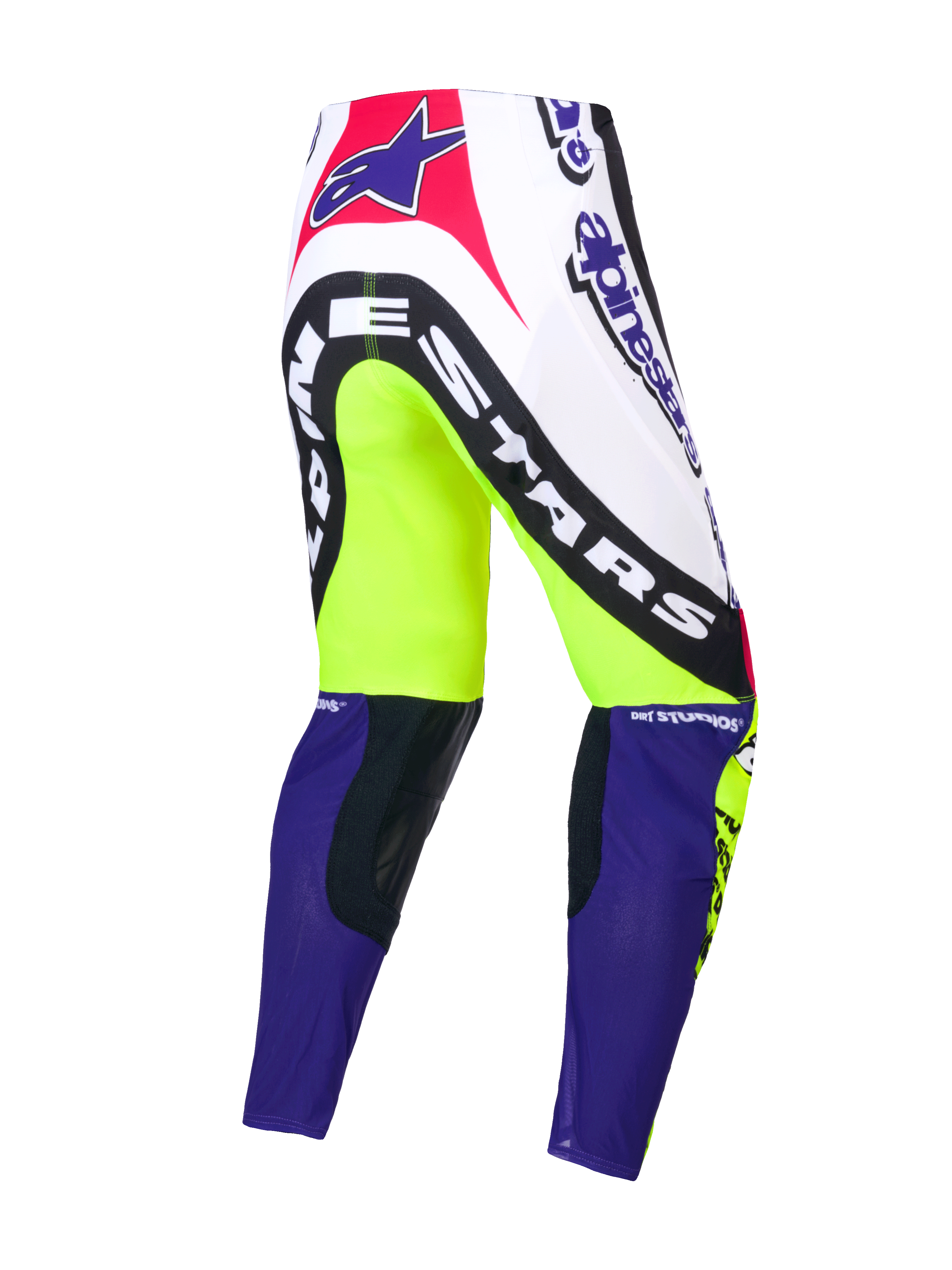 Alpinestars Pantalones Supertech Dirt Studios® Edición Limitada, pantalones de motocross, blancos, morados y amarillo flúor, construcción de una sola capa en tejido rip-stop elástico con paneles de cuero en las rodillas, vista posterior con gráficos de la marca