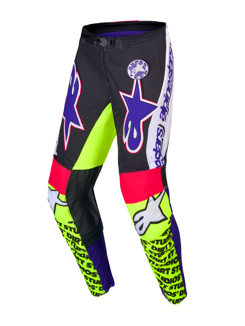 Alpinestars Pantalones Supertech Dirt Studios® Edición Limitada, pantalones de motocross para hombre, blancos, morados y amarillo flúor, con tejido elástico rip-stop