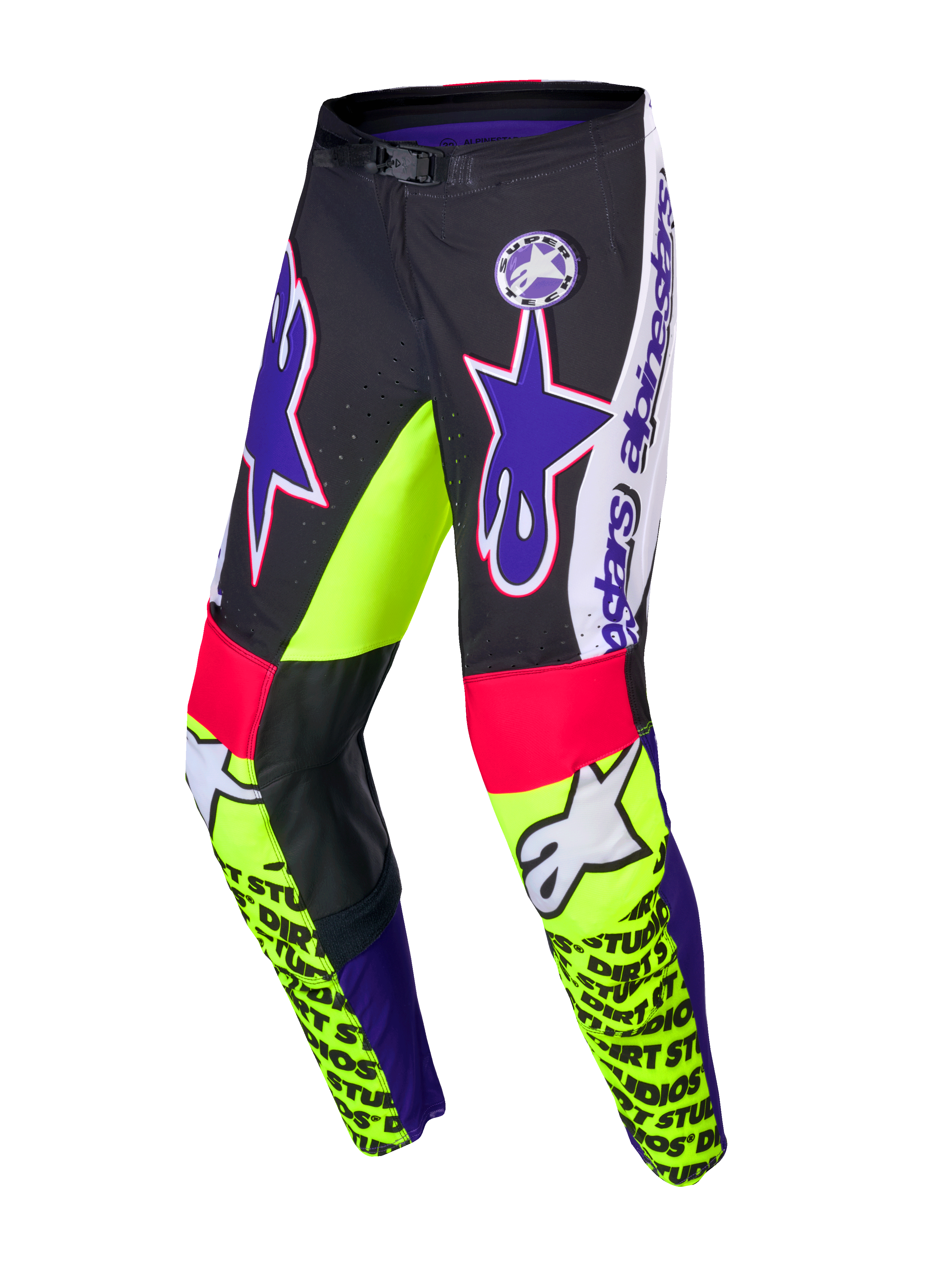 Alpinestars Pantalones Supertech Dirt Studios® Edición Limitada, pantalones de motocross para hombre, blancos, morados y amarillo flúor, con tejido elástico rip-stop