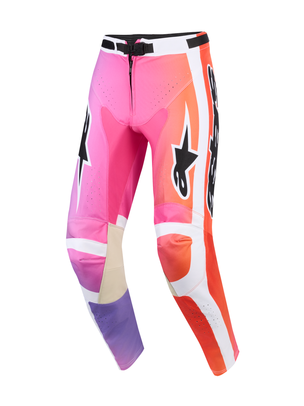 Alpinestars 2026 Racer Air Portl Pants, pantalones de motocross, multicolor rosa, naranja y púrpura, con paneles laterales blancos, logos de Alpinestars en negro, zonas perforadas para ventilación y refuerzos interiores de cuero en las rodillas de color canela