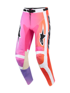 Alpinestars 2026 Racer Air Portl Pants, pantalones de motocross, multicolor rosa, naranja y púrpura, con paneles laterales blancos, logos de Alpinestars en negro, zonas perforadas para ventilación y refuerzos interiores de cuero en las rodillas de color canela