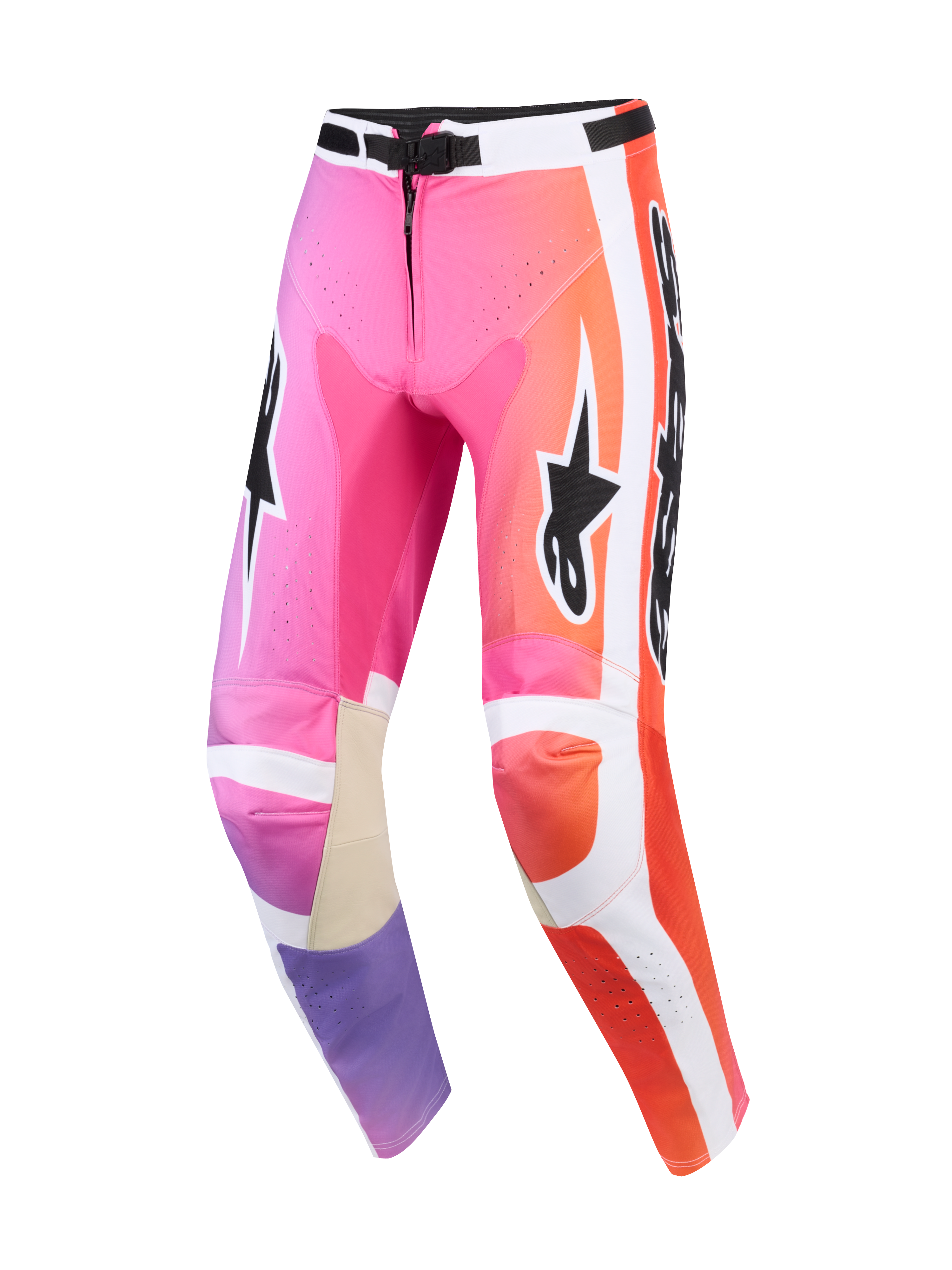 Alpinestars 2026 Racer Air Portl Pants, pantalones de motocross, multicolor rosa, naranja y púrpura, con paneles laterales blancos, logos de Alpinestars en negro, zonas perforadas para ventilación y refuerzos interiores de cuero en las rodillas de color canela
