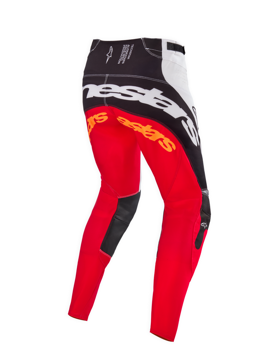 Pantalones de motocross Alpinestars Techstar Deep Edición Limitada, en color negro, blanco y rojo intenso, vista posterior con gran marca Alpinestars blanca en el asiento, logotipos naranjas en la parte superior de las piernas y paneles de cuero negro en el interior de las rodillas, diseñados para competición profesional off-road.