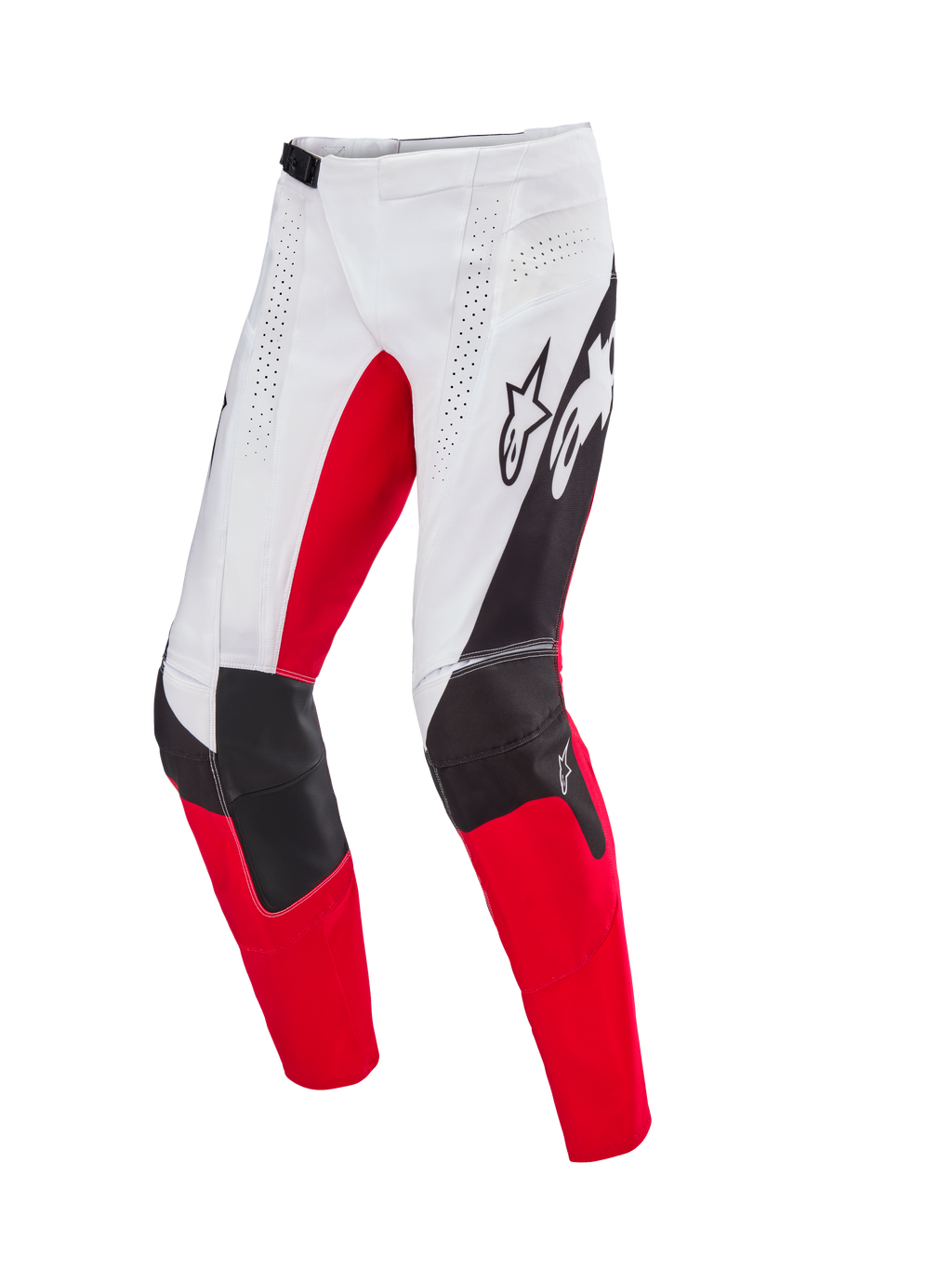Alpinestars Limited Edition Techstar Deep Pants, pantalones de motocross, blanco, negro y rojo intenso, con ventilación perforada por láser, construcción de rodilla 3D Babel con paneles reforzados y logotipos destacados de Alpinestars en los muslos, diseñados para un rendimiento profesional todoterreno