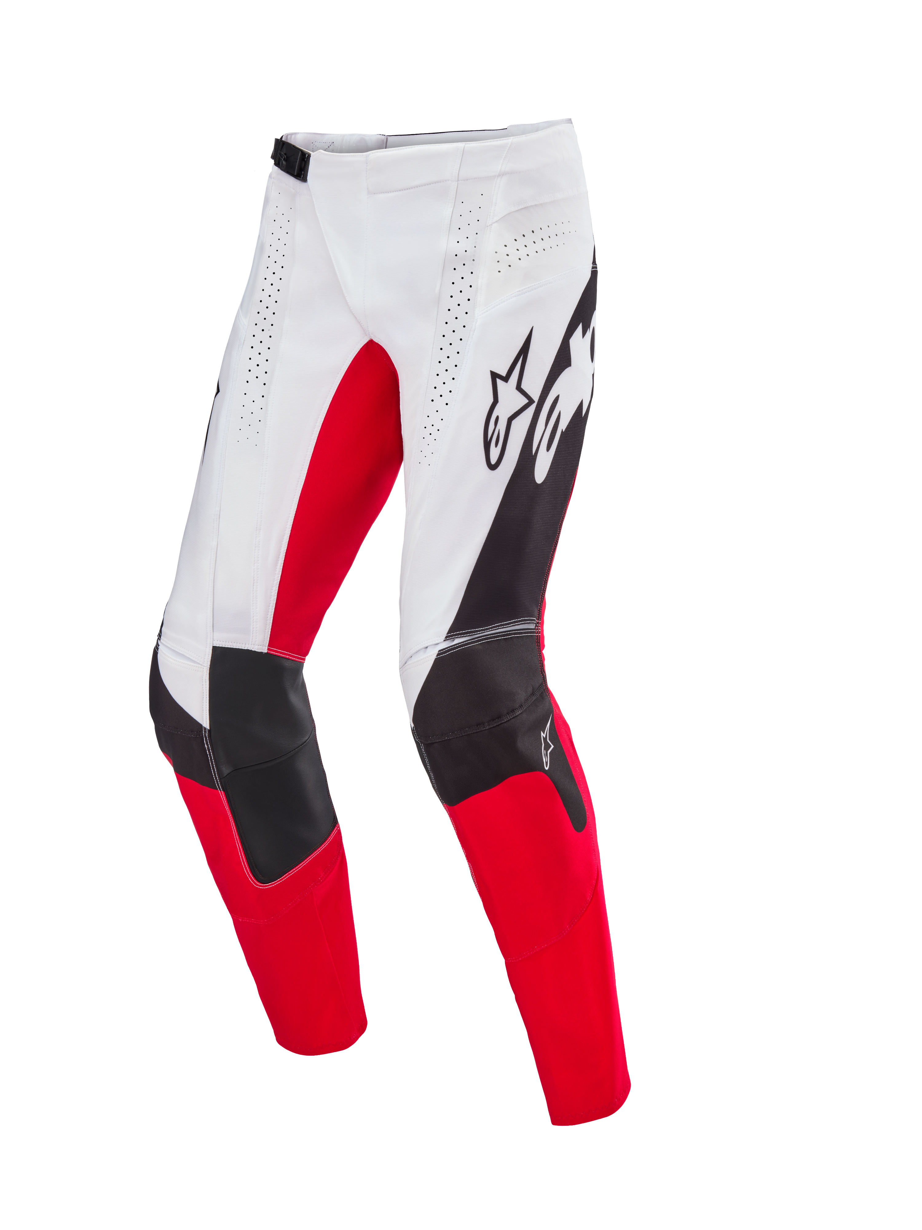 Alpinestars Limited Edition Techstar Deep Pants, pantalones de motocross, blanco, negro y rojo intenso, con ventilación perforada por láser, construcción de rodilla 3D Babel con paneles reforzados y logotipos destacados de Alpinestars en los muslos, diseñados para un rendimiento profesional todoterreno