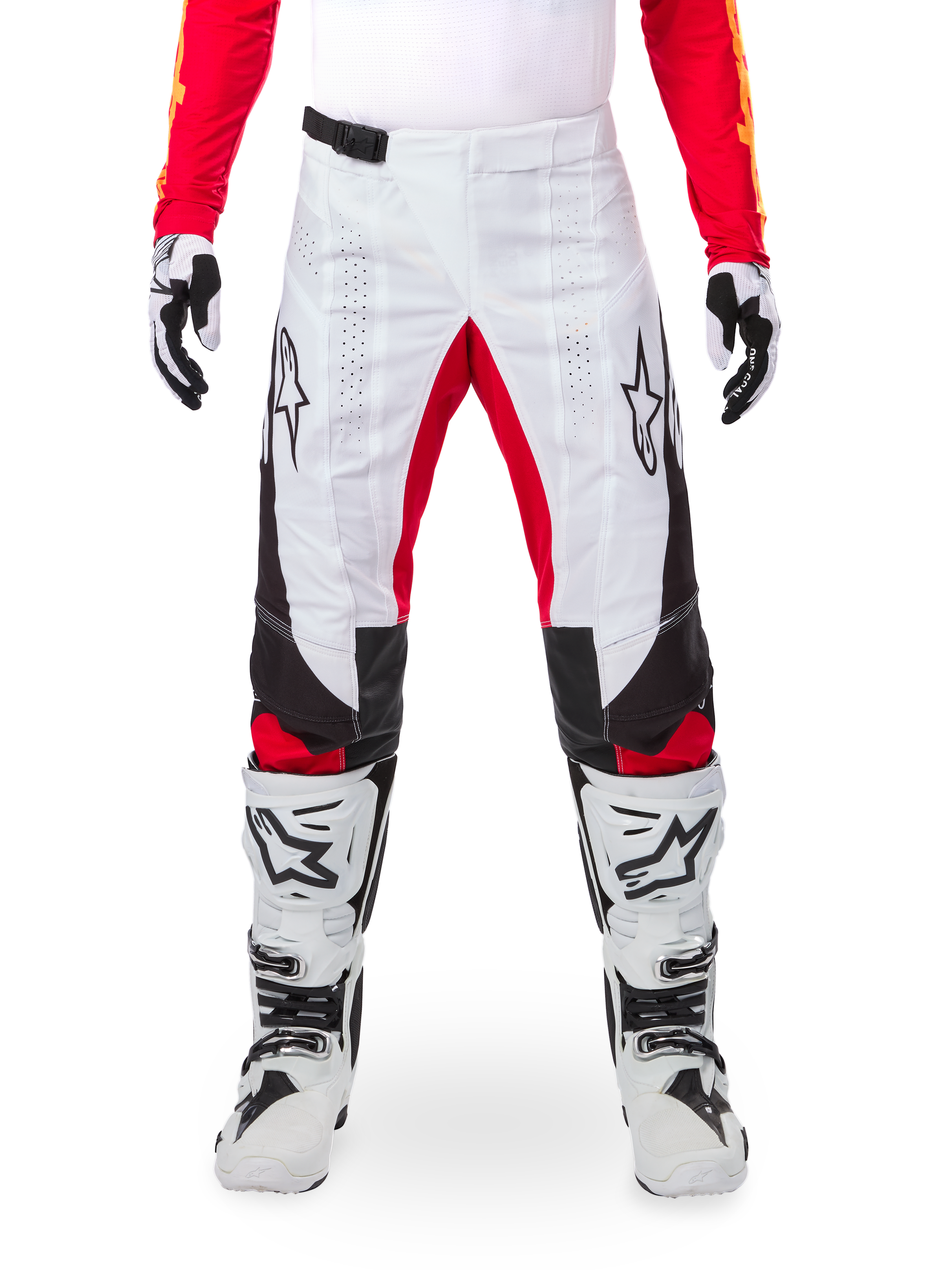 Alpinestars Limited Edition Techstar Deep Pants, Motocross Pants, Black White and High Red, worn with matching red jersey, white and black gloves and boots, featuring white front panels, red inner leg accents, black side panels, Alpinestars logos on thighs, and laser-perforated details for ventilation.