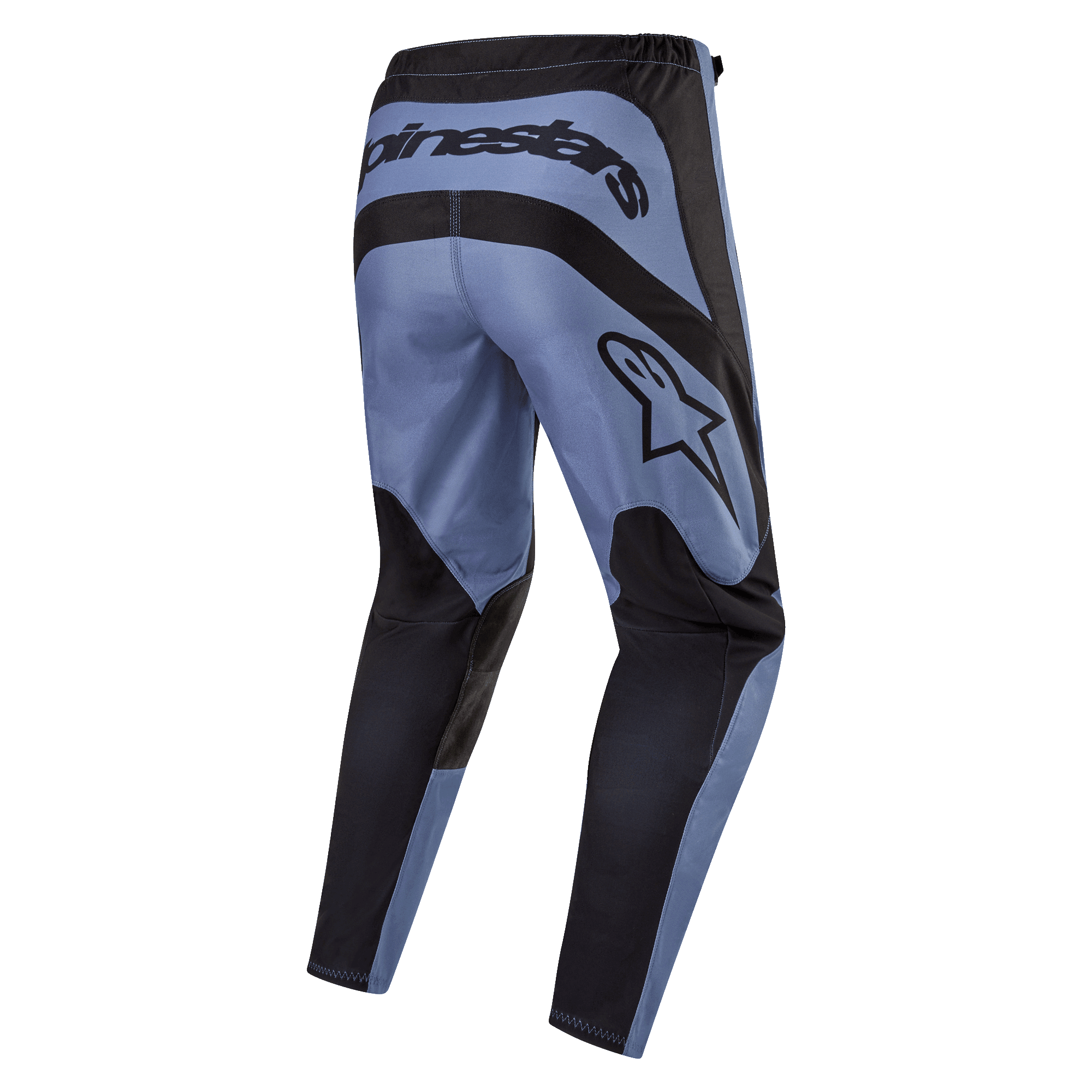 Alpinestars 2024 Fluid Lurv Pants, pantalones de motocross, azul claro y negro, vista trasera que muestra el llamativo logotipo de Alpinestars en la parte posterior y lateral, paneles reforzados negros en el asiento y el interior de las piernas, diseño ergonómico precurvado para un rendimiento todoterreno