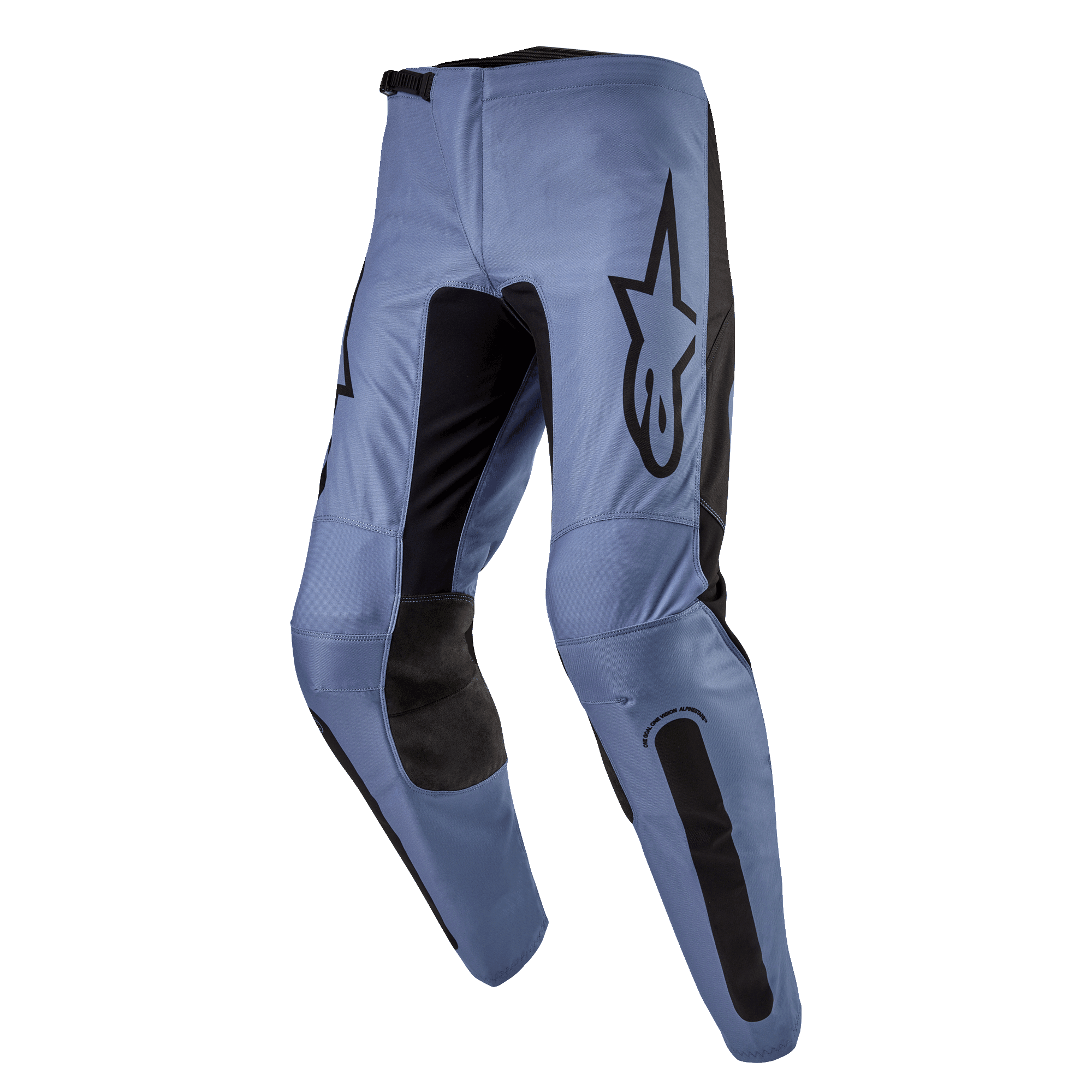 Alpinestars 2024 Fluid Lurv Pants, pantalones de motocross, azul claro y negro, con un gran logotipo negro de Alpinestars en el muslo, paneles internos de las rodillas reforzados en negro y diseño de pierna precurvada ergonómica para conducción fuera de carretera