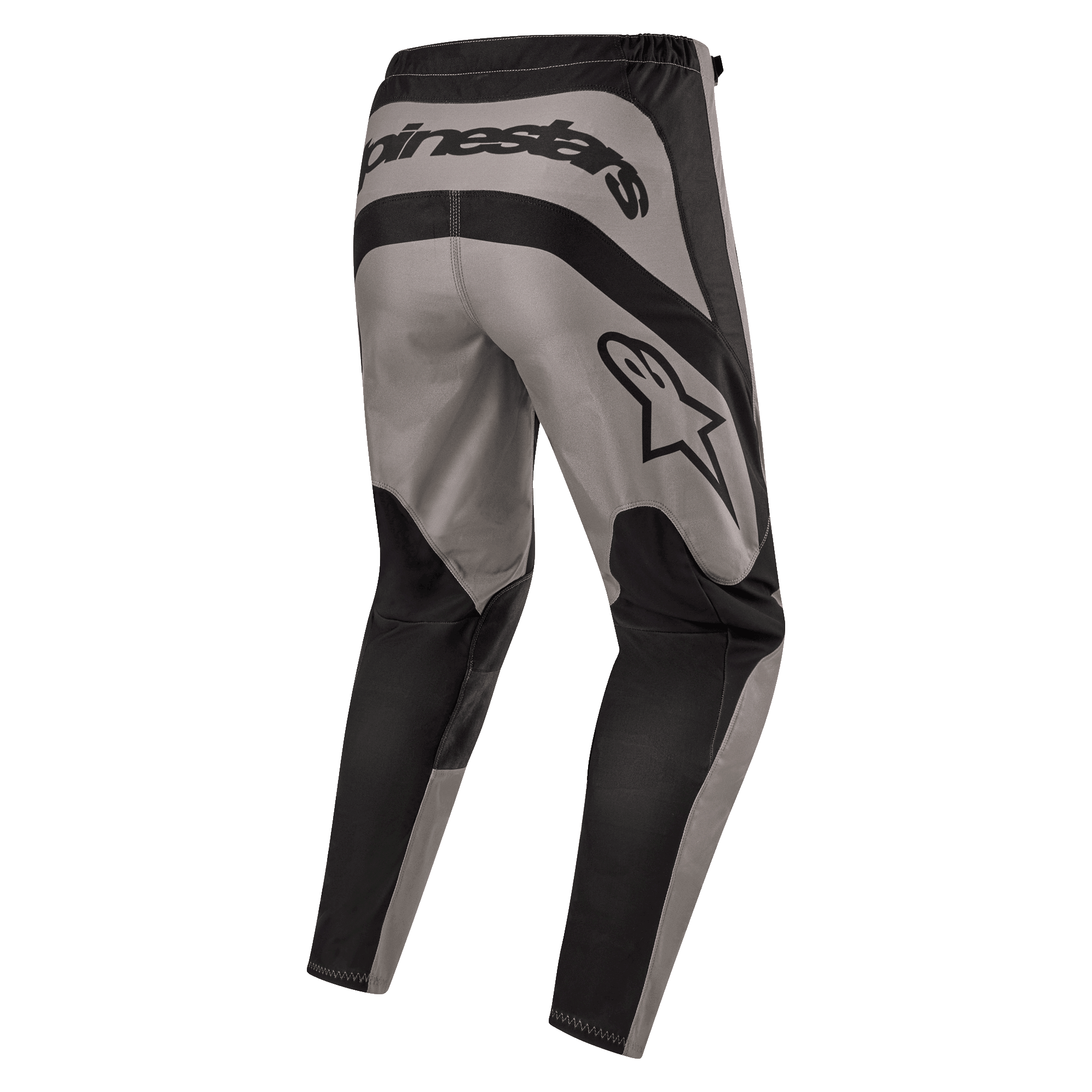 Alpinestars Fluid Lurv 2024, pantalones de motocross, Mud Black, vista trasera que muestra la marca Alpinestars en la parte posterior y el logo de la estrella en el muslo derecho, diseño de paneles en gris y negro con tejido poliéster 600D duradero para conducción fuera de carretera.