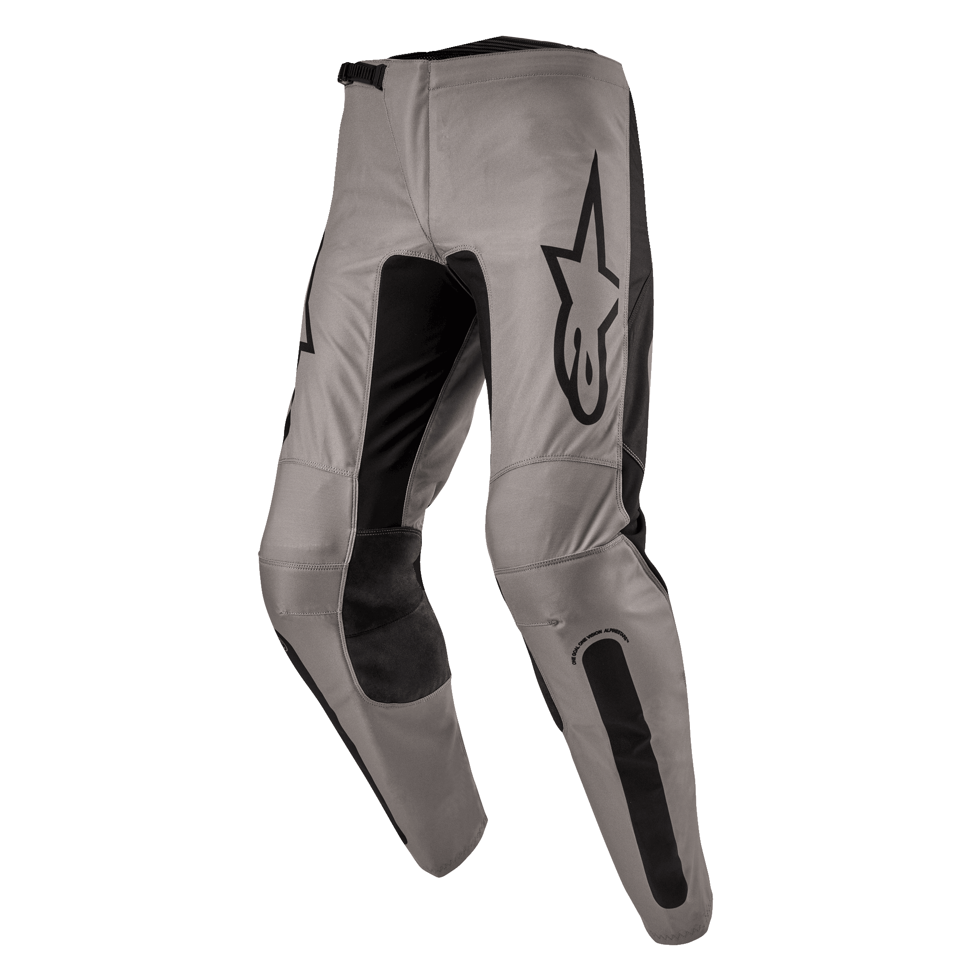 Alpinestars 2024 Fluid Lurv Pants, pantalones de motocross, Mud Black, con un chasis principal en tono canela grisáceo y paneles elásticos negros en el interior de las piernas y las rodillas, logotipo negro prominente de Alpinestars en el muslo, diseño ergonómico precurvado para conducción fuera de carretera