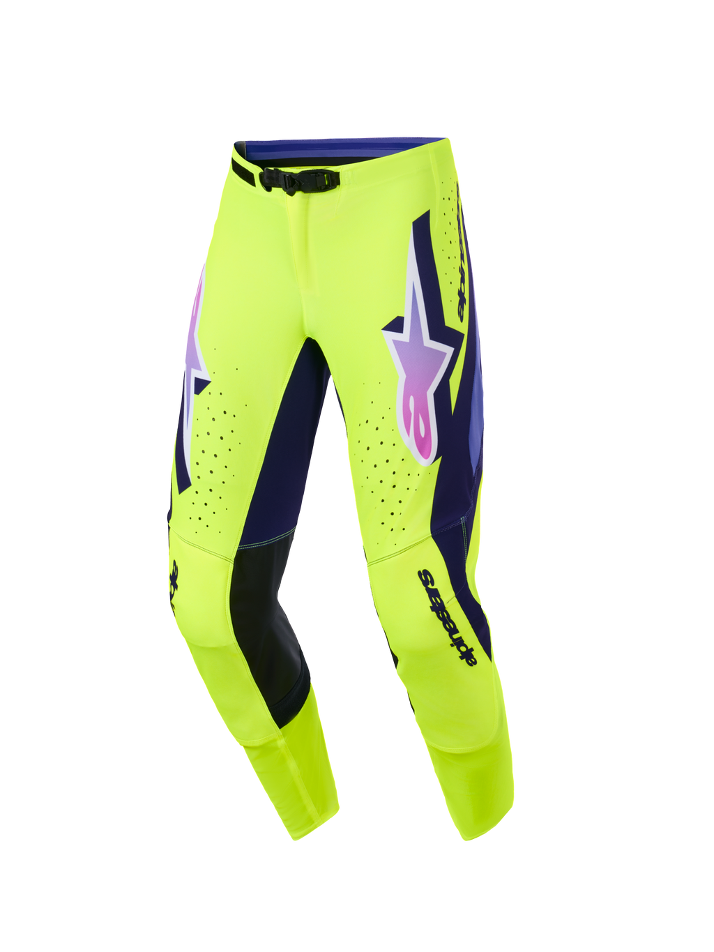 Alpinestars 2026 Supertech Vista Pants, pantalones de motocross, amarillo brillante con detalles en púrpura y negro, logotipo Alpinestars con degradado rosa y púrpura en los muslos, perforaciones láser para ventilación y ajuste atlético de competición para rendimiento todoterreno