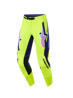 Alpinestars 2026 Supertech Vista Pants, pantalones de motocross, amarillo brillante con detalles en púrpura y negro, logotipo Alpinestars con degradado rosa y púrpura en los muslos, perforaciones láser para ventilación y ajuste atlético de competición para rendimiento todoterreno