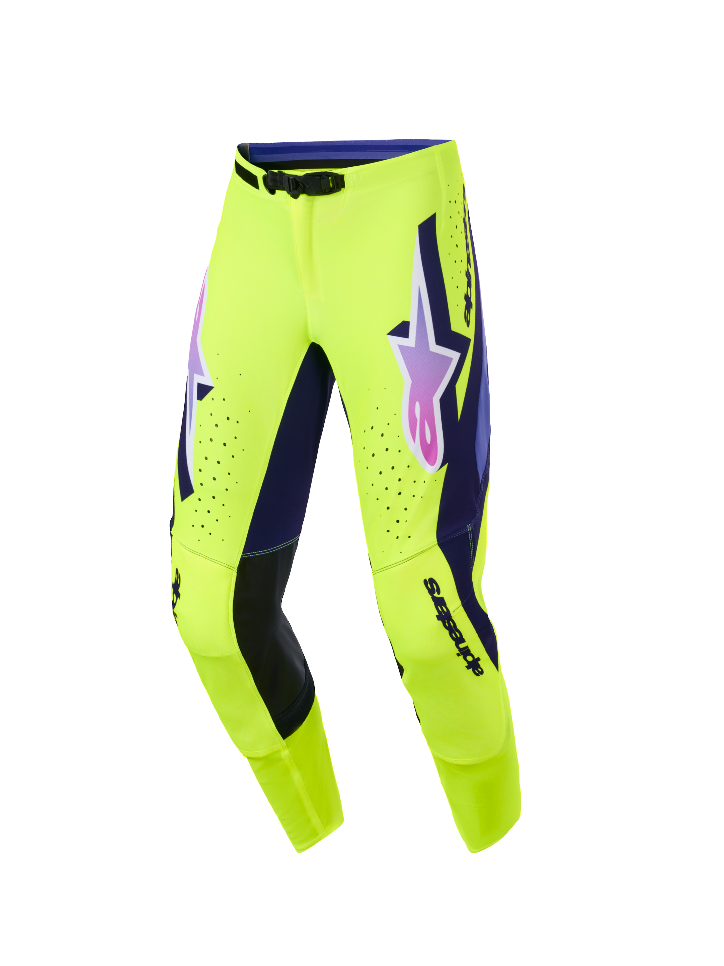 Alpinestars 2026 Supertech Vista Pants, pantalones de motocross, amarillo brillante con detalles en púrpura y negro, logotipo Alpinestars con degradado rosa y púrpura en los muslos, perforaciones láser para ventilación y ajuste atlético de competición para rendimiento todoterreno