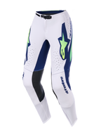 Alpinestars 2026 Supertech Vista Pants, Motocross Pants, Light Gray, Yellow Fluo, and Blue, featuring bold blue and fluorescent yellow logos, laser-cut perforations for ventilation, black leather knee panels, and a secure magnetic waist buckle.