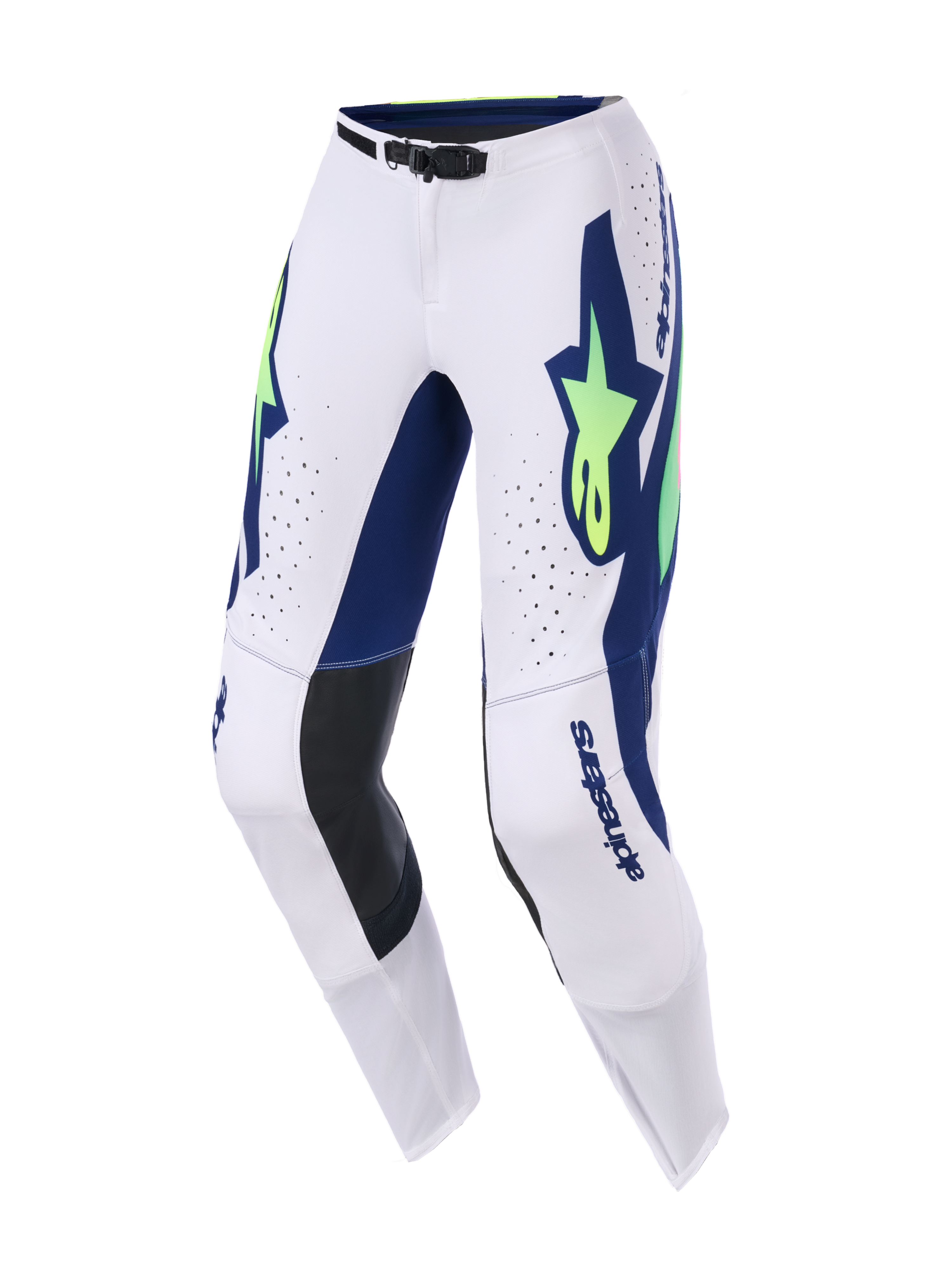 Alpinestars 2026 Supertech Vista Pants, Motocross Pants, Light Gray, Yellow Fluo, and Blue, featuring bold blue and fluorescent yellow logos, laser-cut perforations for ventilation, black leather knee panels, and a secure magnetic waist buckle.