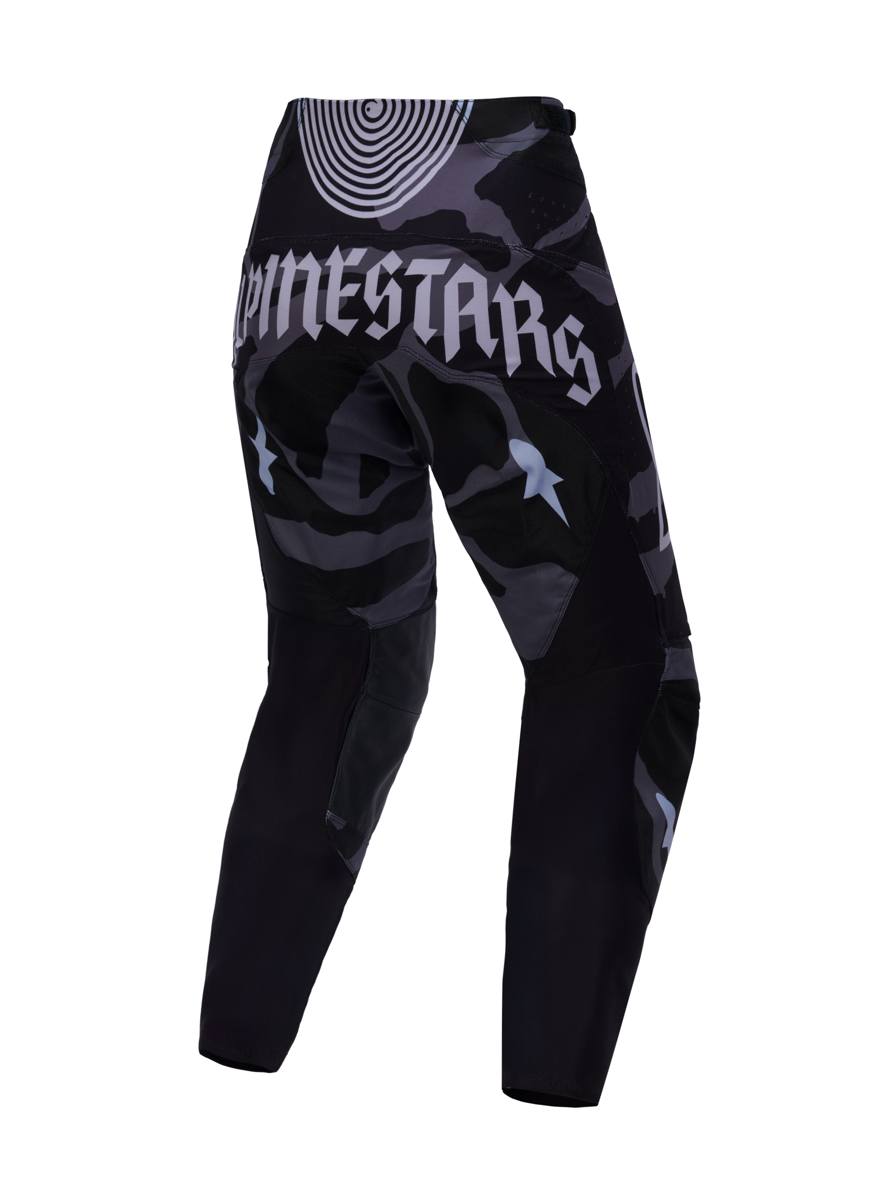 Pantalones Techstar Beast Coast, camuflaje negro y gris con logo Alpinestars trasero y diseño ergonómico para motocross.