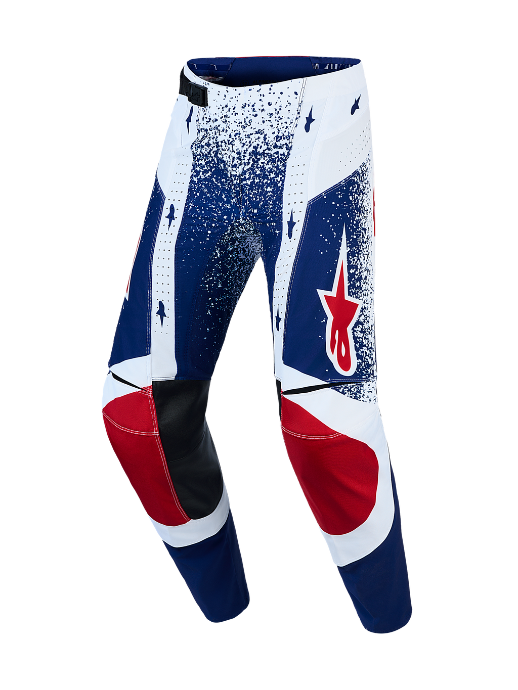 Alpinestars Techstar Unity, pantalones de motocross de edición limitada, azules y blancos con detalles de estrellas rojas.
