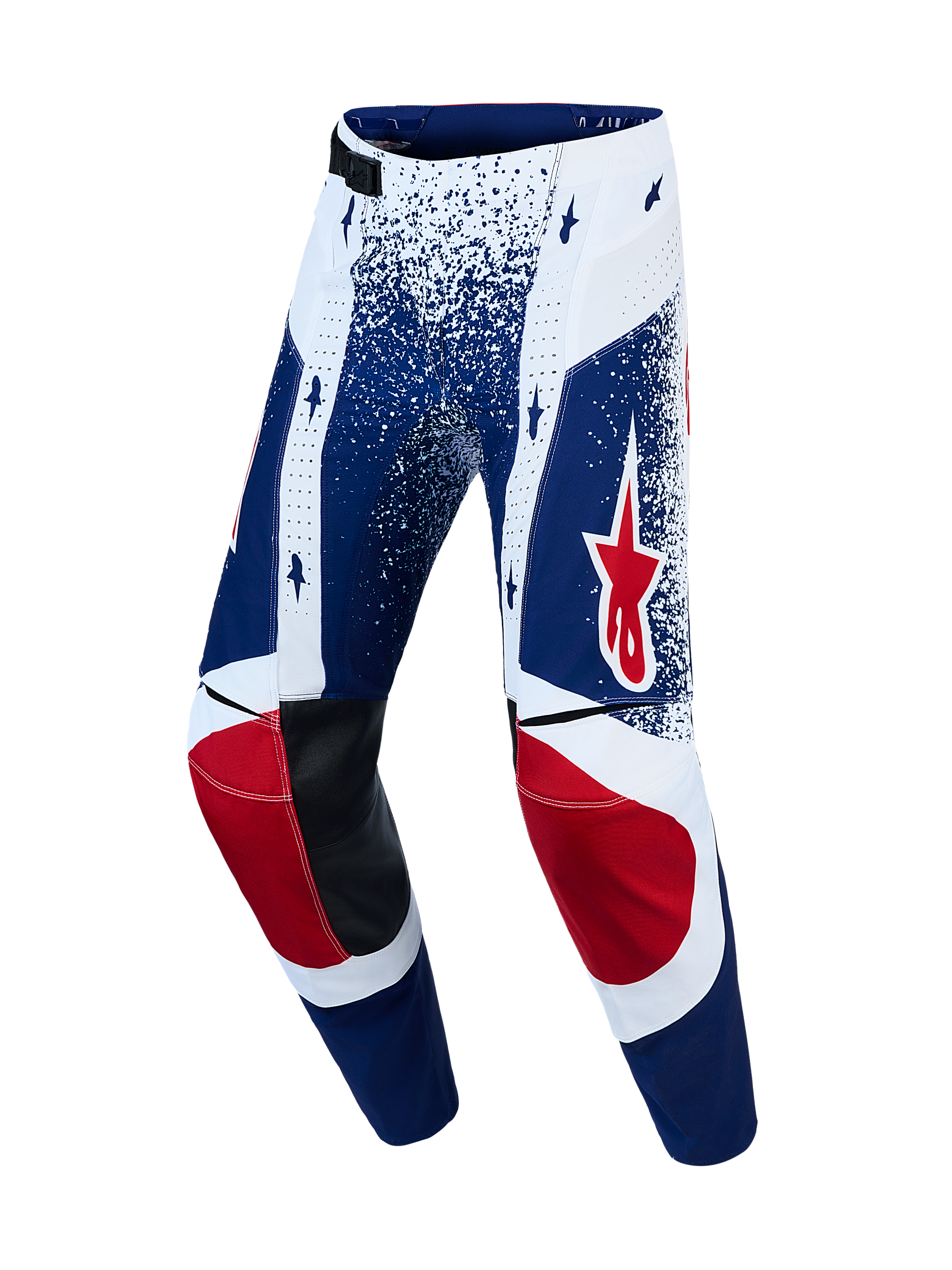 Alpinestars Techstar Unity, pantalones de motocross de edición limitada, azules y blancos con detalles de estrellas rojas.
