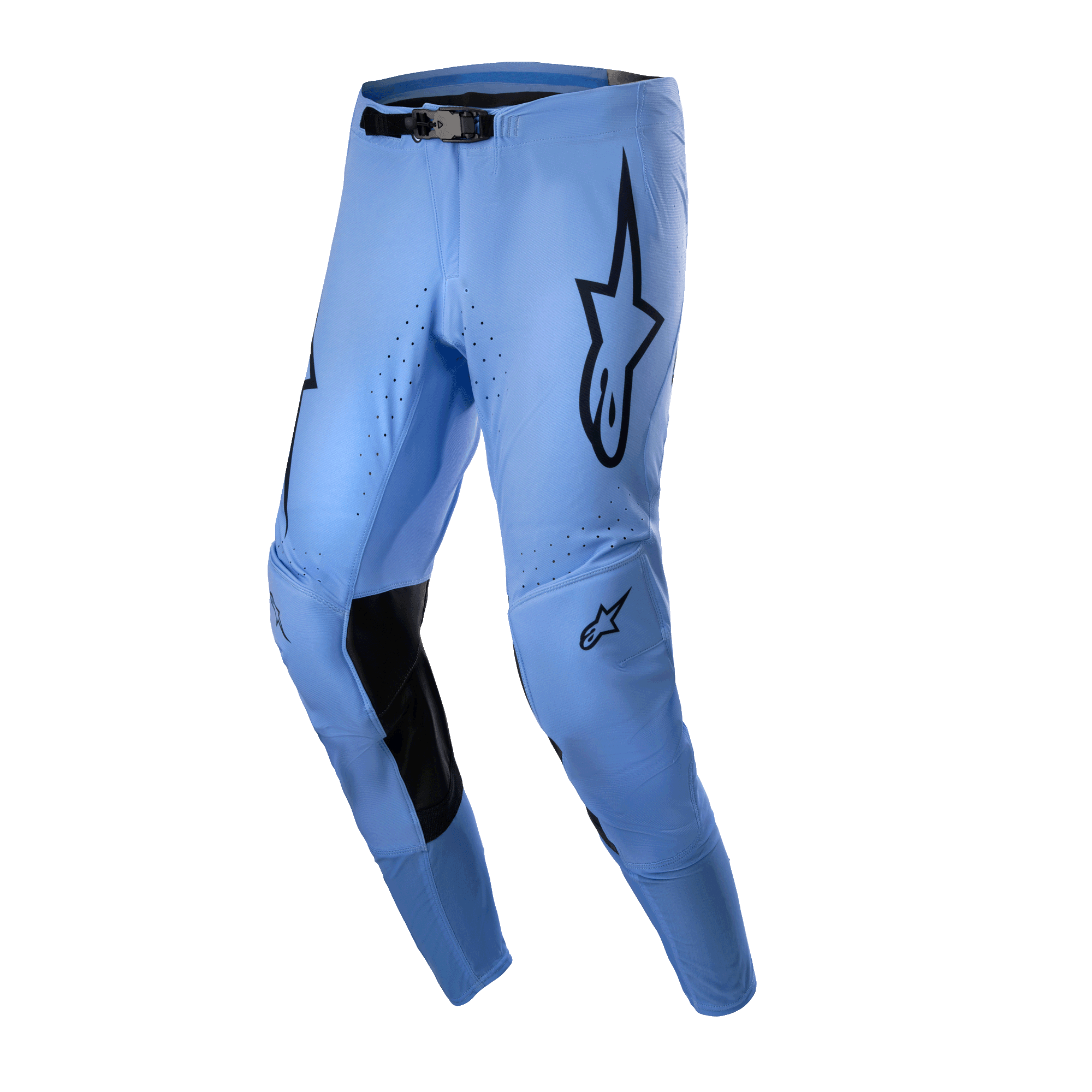 Alpinestars 2024 Supertech Dade Pants, pantalones de motocross, azul claro, con logotipos de estrellas negros en los muslos, refuerzos interiores negros en las rodillas, orificios de ventilación perforados y un diseño de ajuste atlético de competición para rendimiento todoterreno