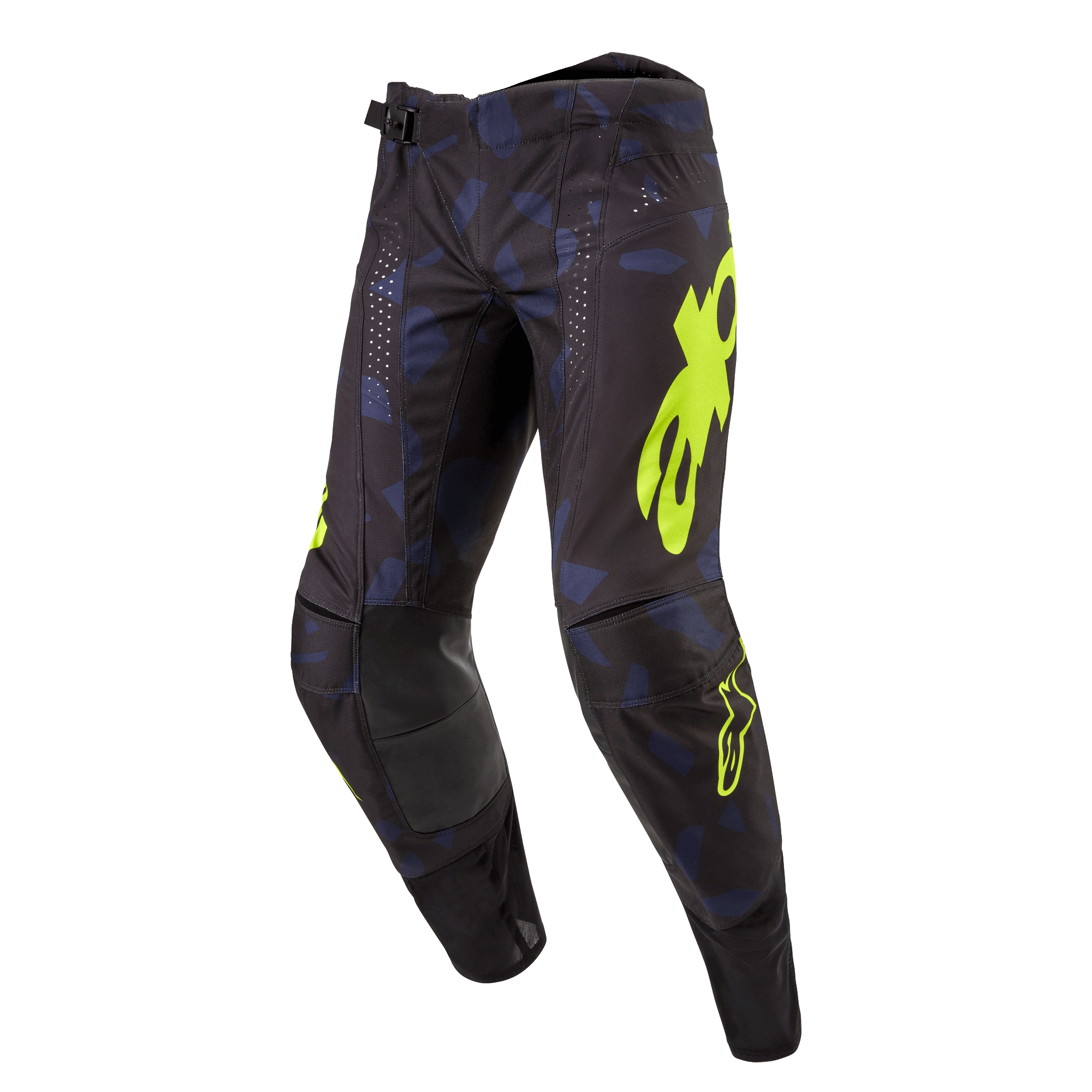 Alpinestars 2024 Techstar Rantera Pants, Motocross Pants, Black Navy and Yellow Fluo, featuring bold yellow branding, laser-cut perforations for airflow, and reinforced knee panels, race-inspired design for motocross performance