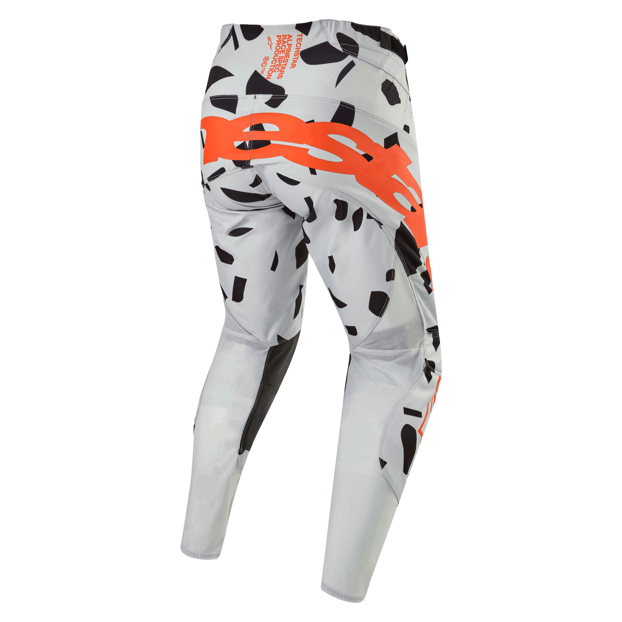 Pantalones Alpinestars Techstar Rantera 2024, pantalones de motocross, camuflaje gris Haze, vista trasera con un gran logotipo naranja en el asiento, patrones gráficos negros sobre tejido gris, diseño atlético para rendimiento todoterreno