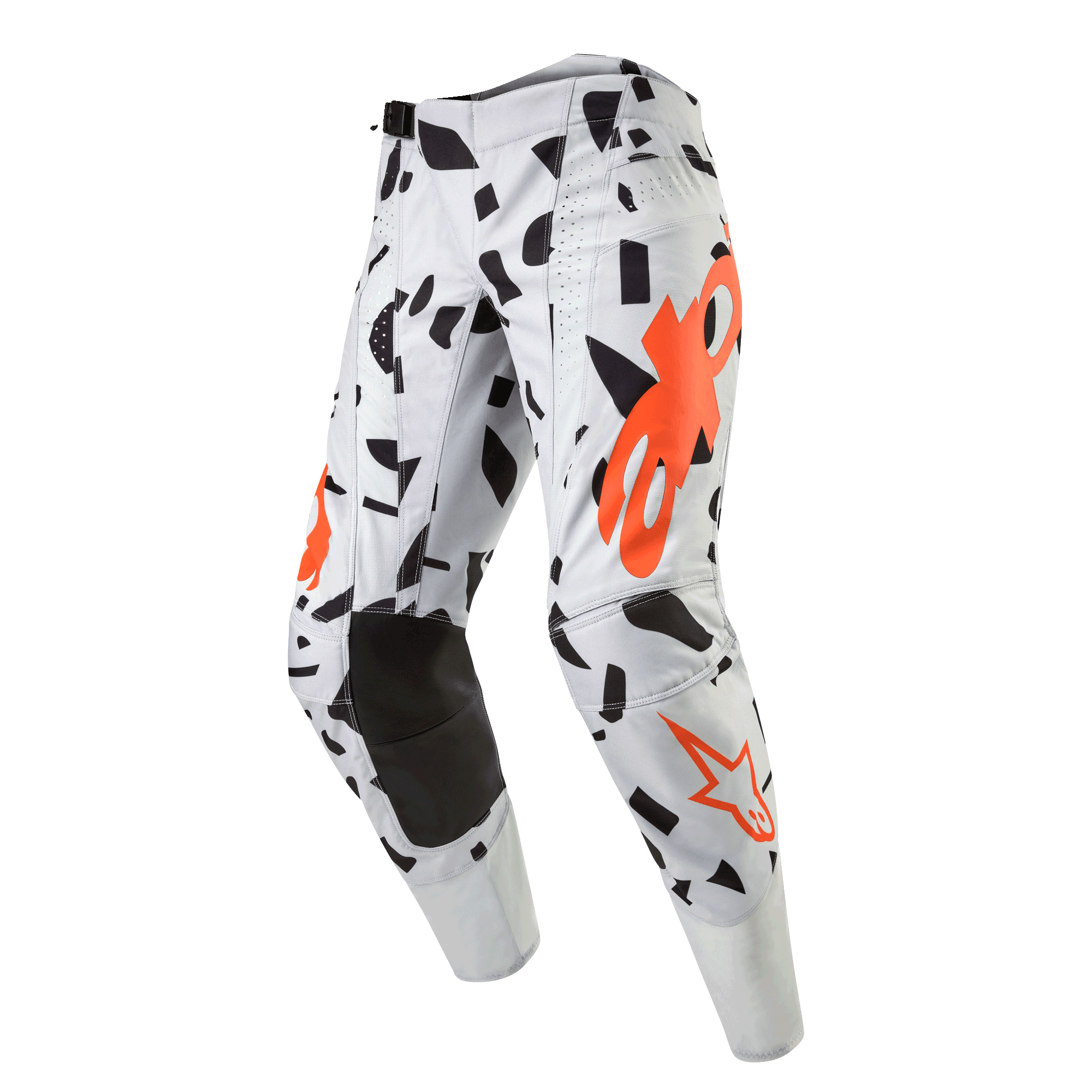 Alpinestars 2024 Techstar Rantera Pants, pantalones de motocross, Haze Gray Camo, gris claro con formas abstractas negras y logos naranjas, rodillas negras reforzadas, equipo profesional de carreras off-road