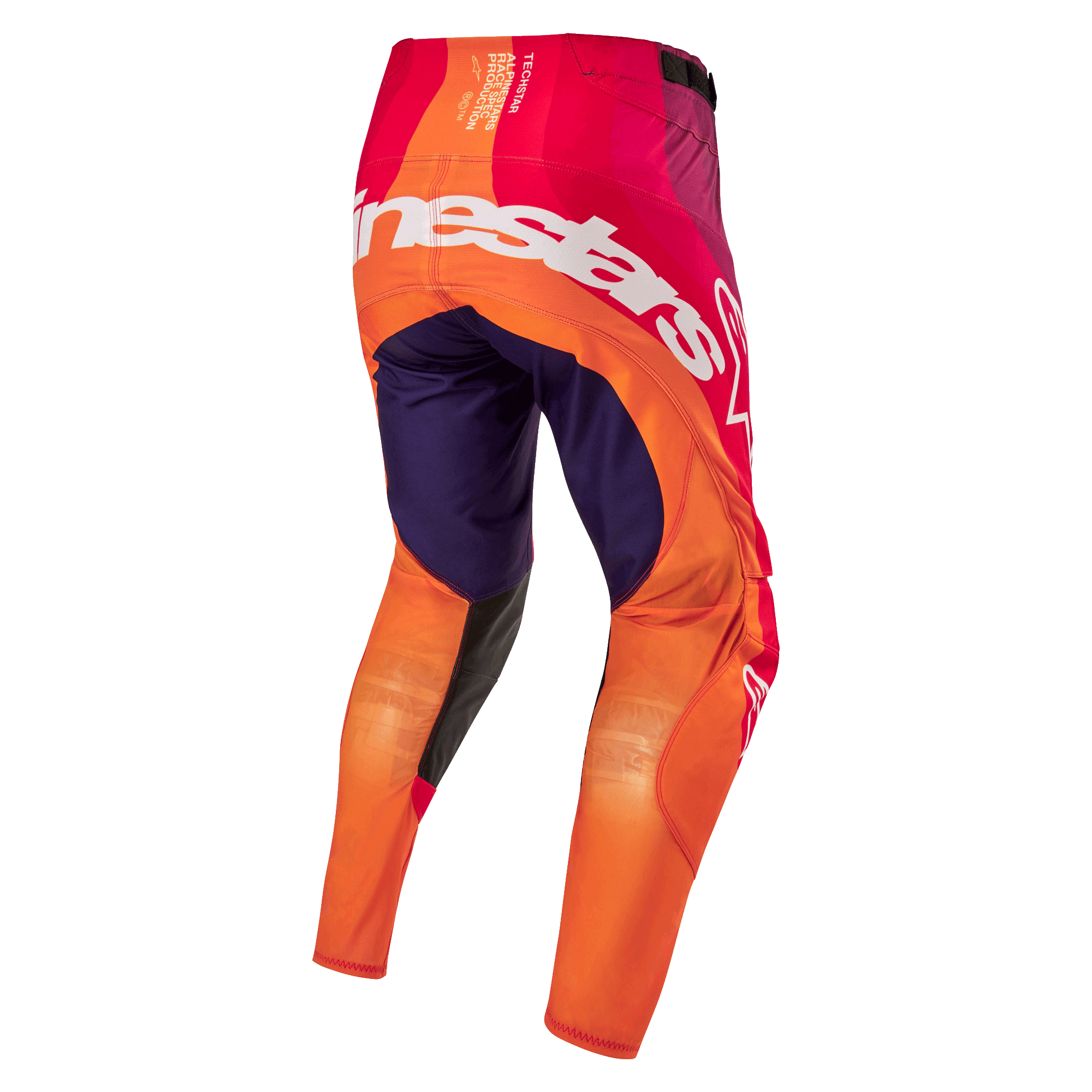 Alpinestars 2024 Techstar Pneuma Pants, pantalones de motocross en morado profundo, naranja y rojo, vista trasera con el logo de Alpinestars en blanco, diseño ergonómico de alto rendimiento con materiales elásticos y resistentes.