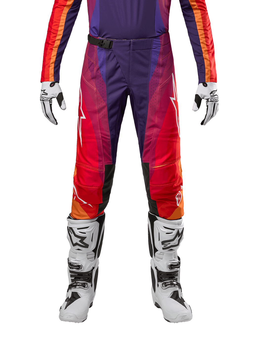 Alpinestars 2024 Techstar Pneuma Pants, pantalones de motocross para hombre, color morado, naranja y azul con diseño de degradado y logos blancos, mostrados con guantes blancos y botas de motocross blancas y negras.