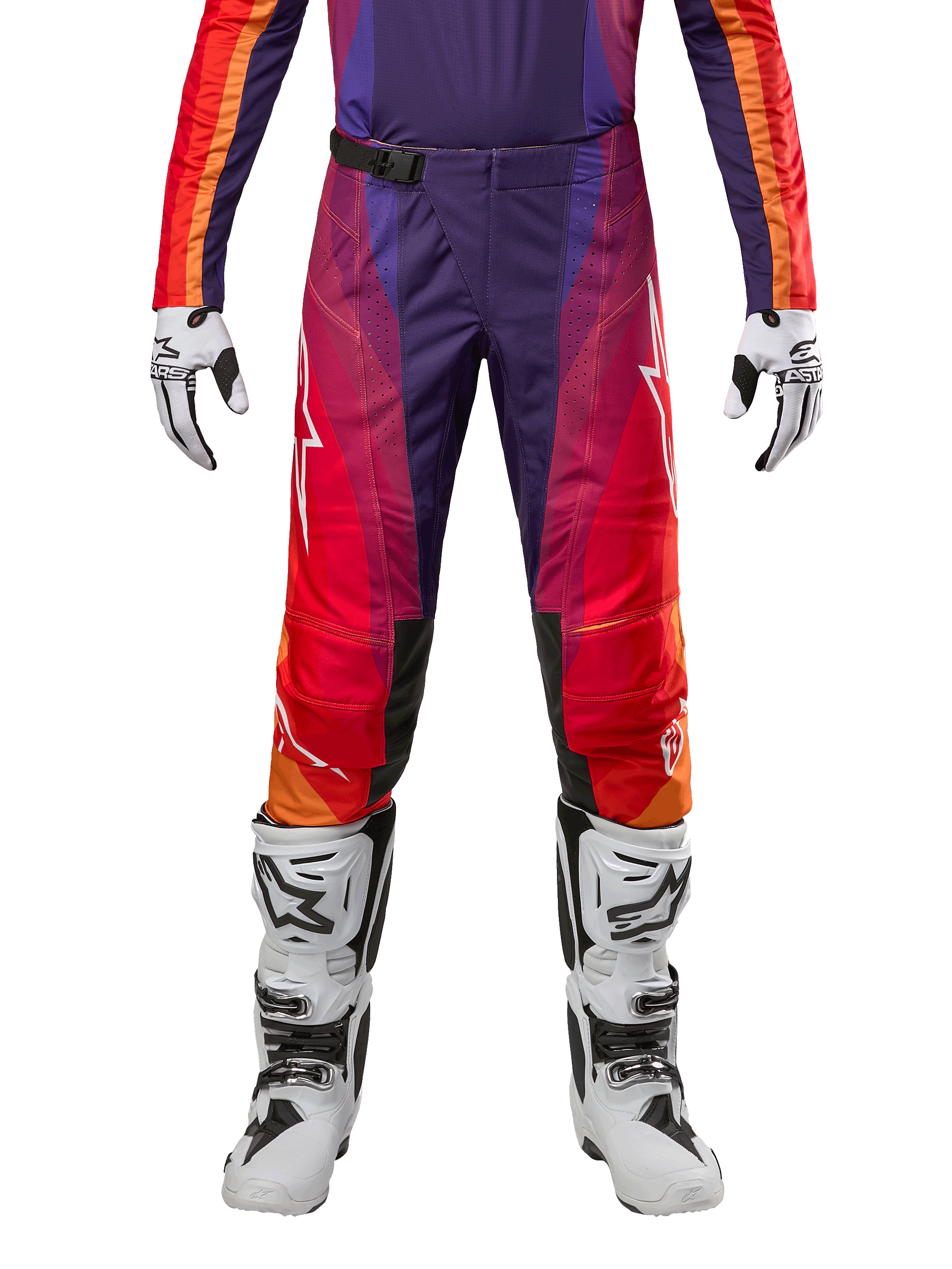 Alpinestars 2024 Techstar Pneuma Pants, pantalones de motocross para hombre, color morado, naranja y azul con diseño de degradado y logos blancos, mostrados con guantes blancos y botas de motocross blancas y negras.