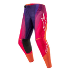 Alpinestars Techstar Pneuma Pants 2024, pantalones de motocross para hombre, diseño en púrpura, naranja y azul con logos blancos, material técnico duradero y flexible para competición.