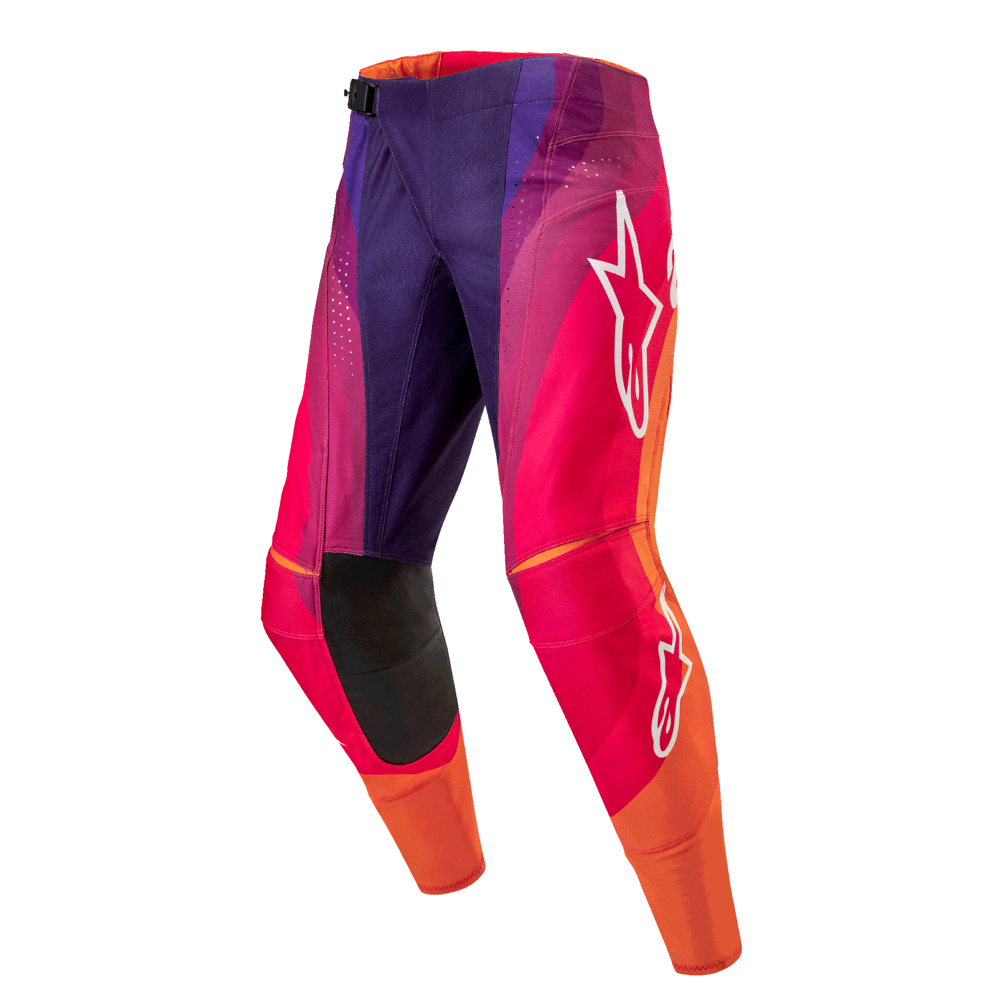 Alpinestars Techstar Pneuma Pants 2024, pantalones de motocross para hombre, diseño en púrpura, naranja y azul con logos blancos, material técnico duradero y flexible para competición.