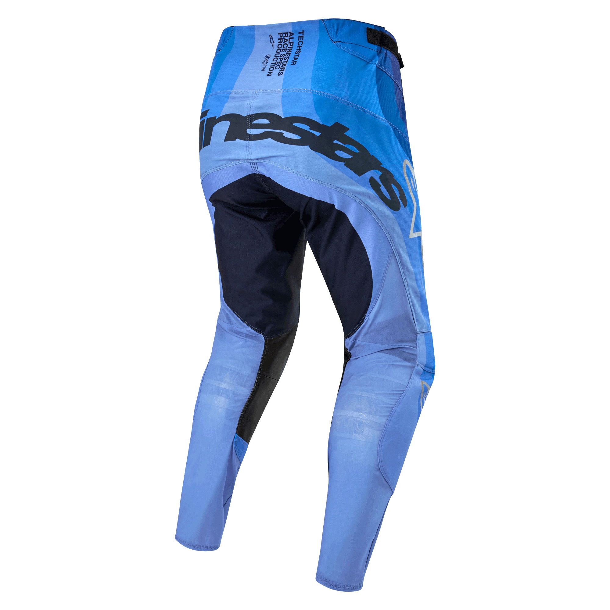 Alpinestars Techstar Pneuma Pants 2024, pantalones de motocross, azul marino y azul claro, vista trasera con logotipo llamativo en el asiento, paneles reforzados en el interior de los muslos y chasis ligero para rendimiento off-road